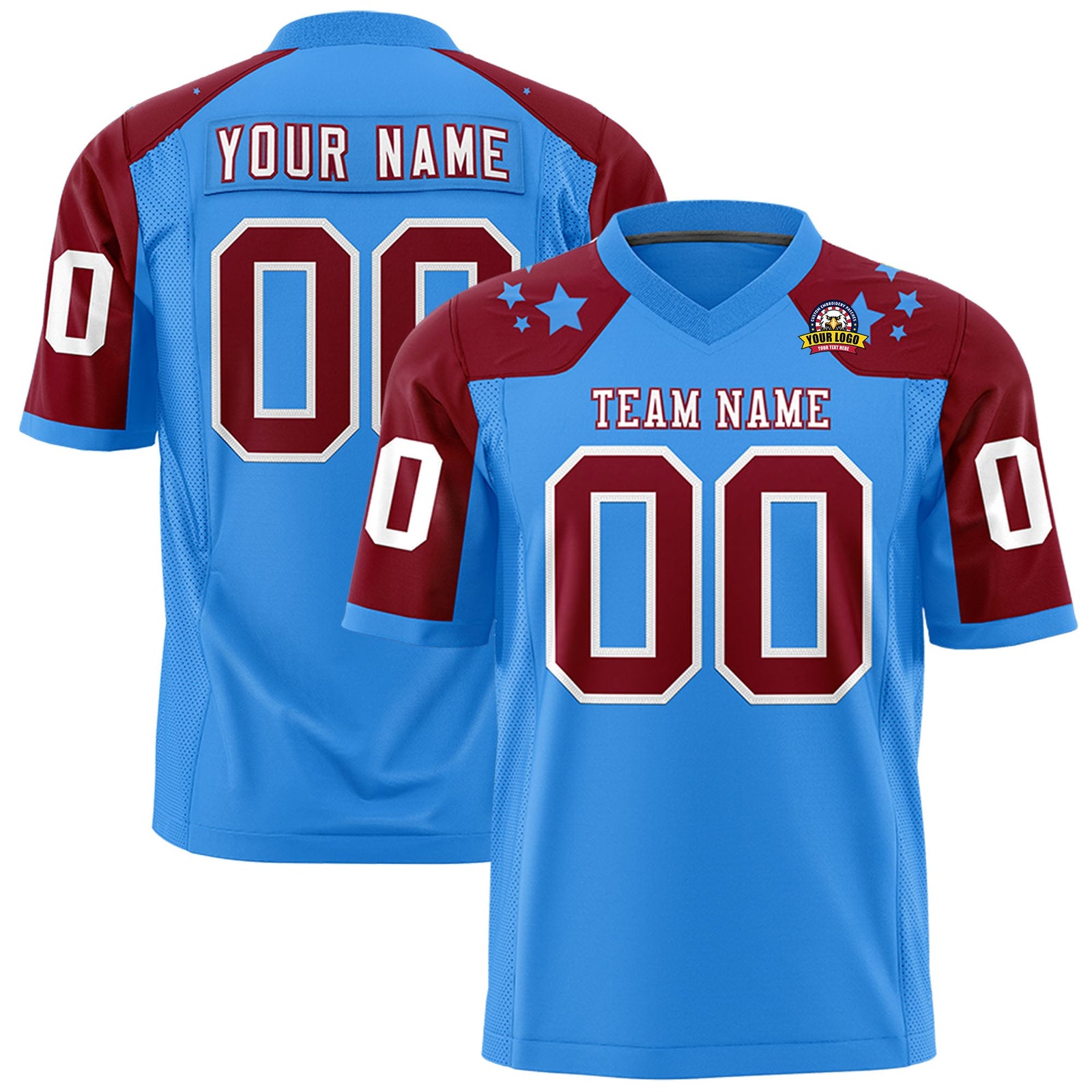 Custom Powder Blue Crimson Personalized Shoulder Star Pattern Authentic Flag Football Jersey