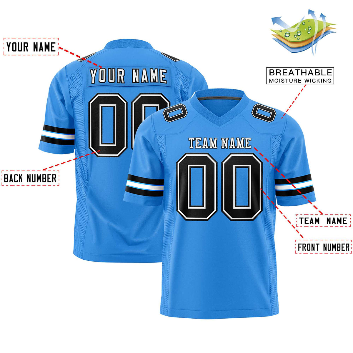 Custom Powder Blue White-Black Personalized Classic Authentic Football Jersey