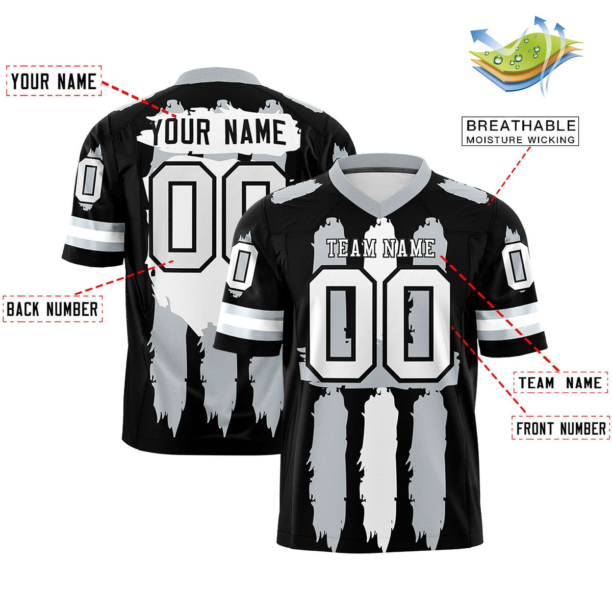 Custom Flag Football Jersey | Black Silver and White Graffiti Pattern Practice 7on7 Uniforms | Add name, number &amp; logo| KXKSHOP
