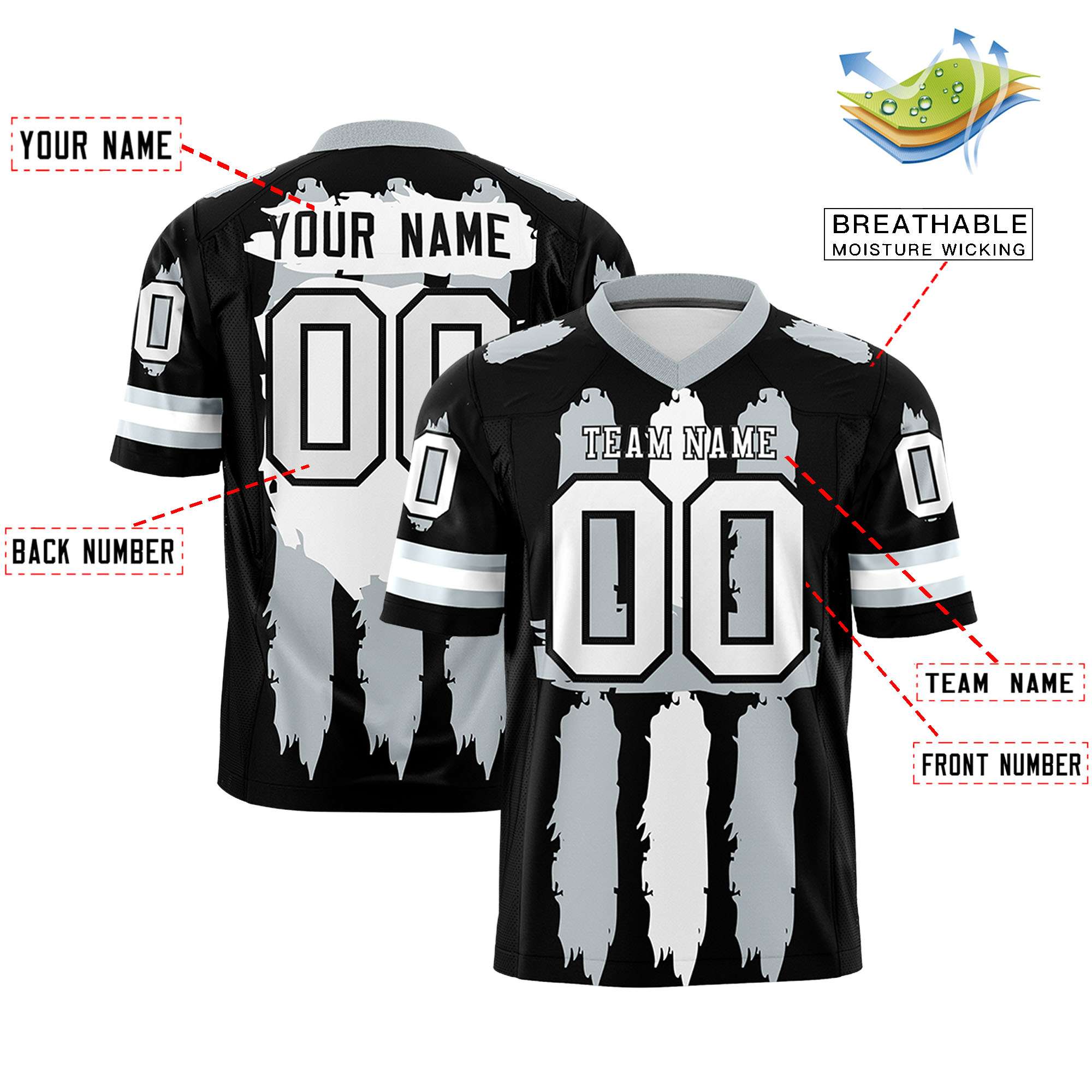 Custom Black Silver and White Graffiti Pattern Practice Football Jerseys