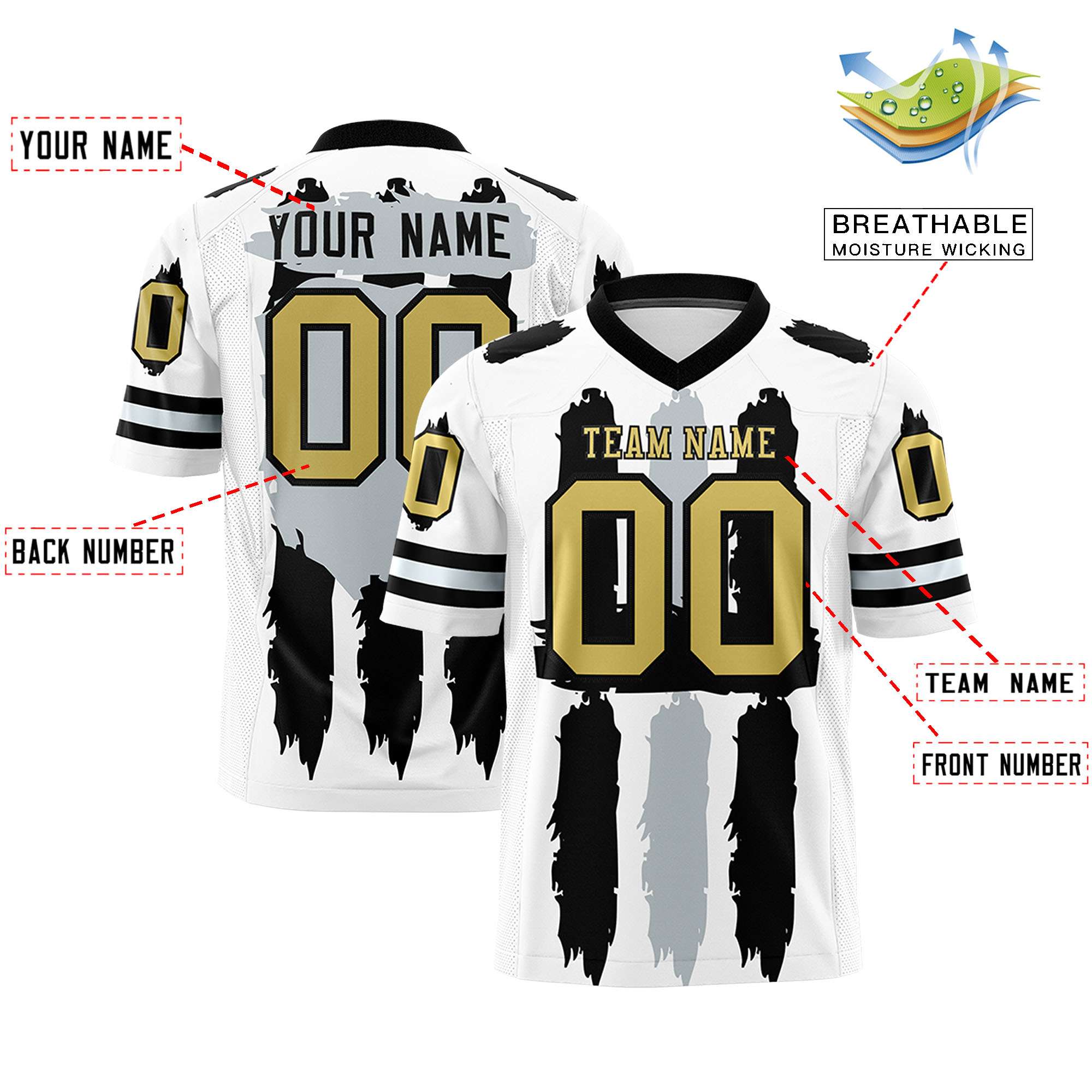 Custom White Black and Silver Graffiti Pattern Practice Football Jerseys