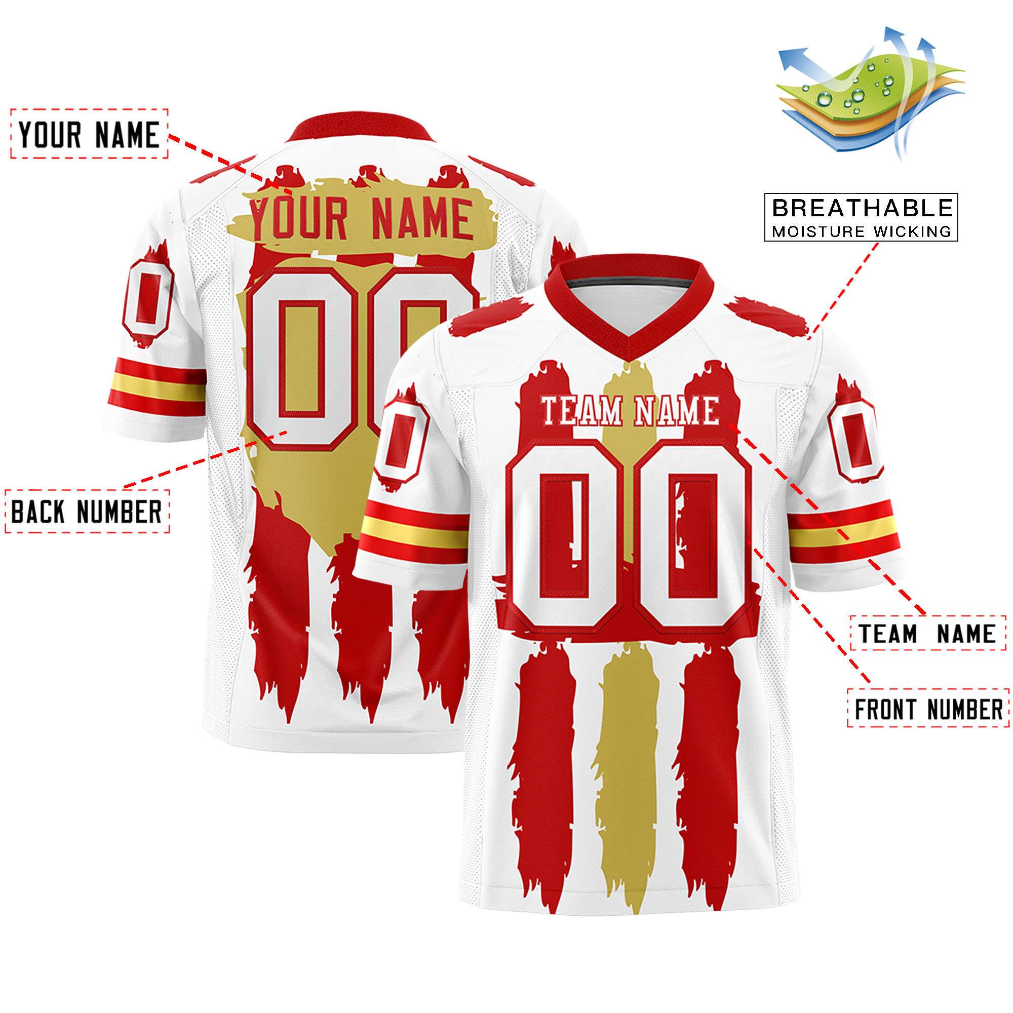 Custom Flag Football Jersey | White Red and Old Gold Graffiti Pattern Practice 7on7 Uniforms | Add name, number & logo| KXKSHOP