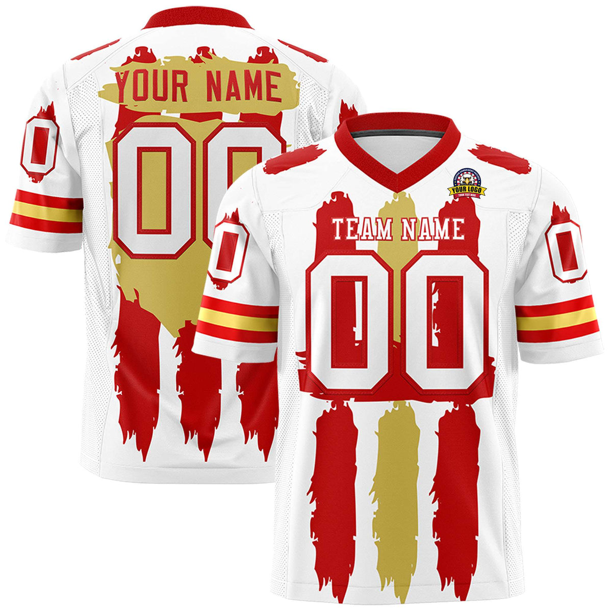 Custom Flag Football Jersey | White Red and Old Gold Graffiti Pattern Practice 7on7 Uniforms | Add name, number &amp; logo| KXKSHOP
