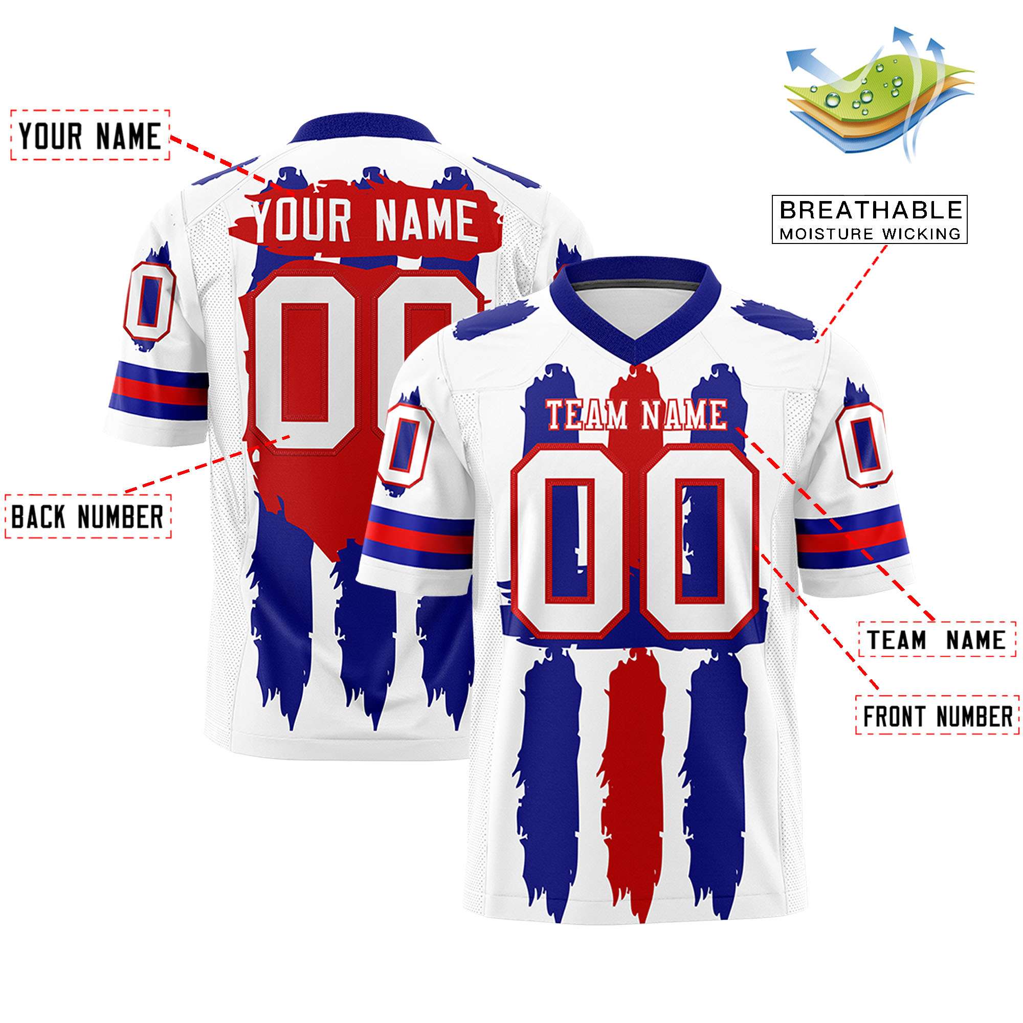 Custom Flag Football Jersey | White Royal and Red Graffiti Pattern Practice 7on7 Uniforms | Add name, number & logo| KXKSHOP