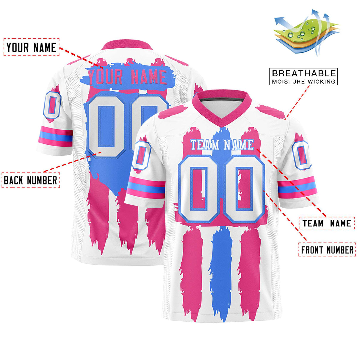 Custom Flag Football Jersey | White Pink and Powder Blue Graffiti Pattern Practice 7on7 Uniforms | Add name, number &amp; logo| KXKSHOP