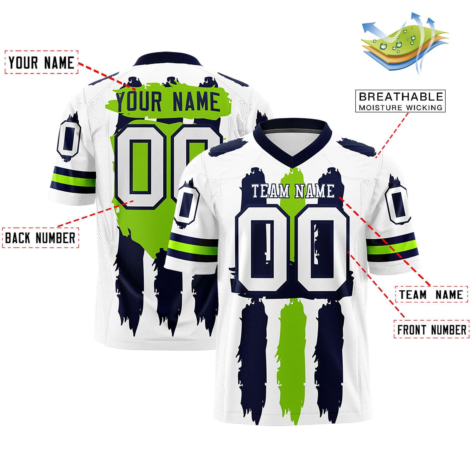 Custom Flag Football Jersey | White Navy and Neon Green Graffiti Pattern Practice 7on7 Uniforms | Add name, number & logo| KXKSHOP