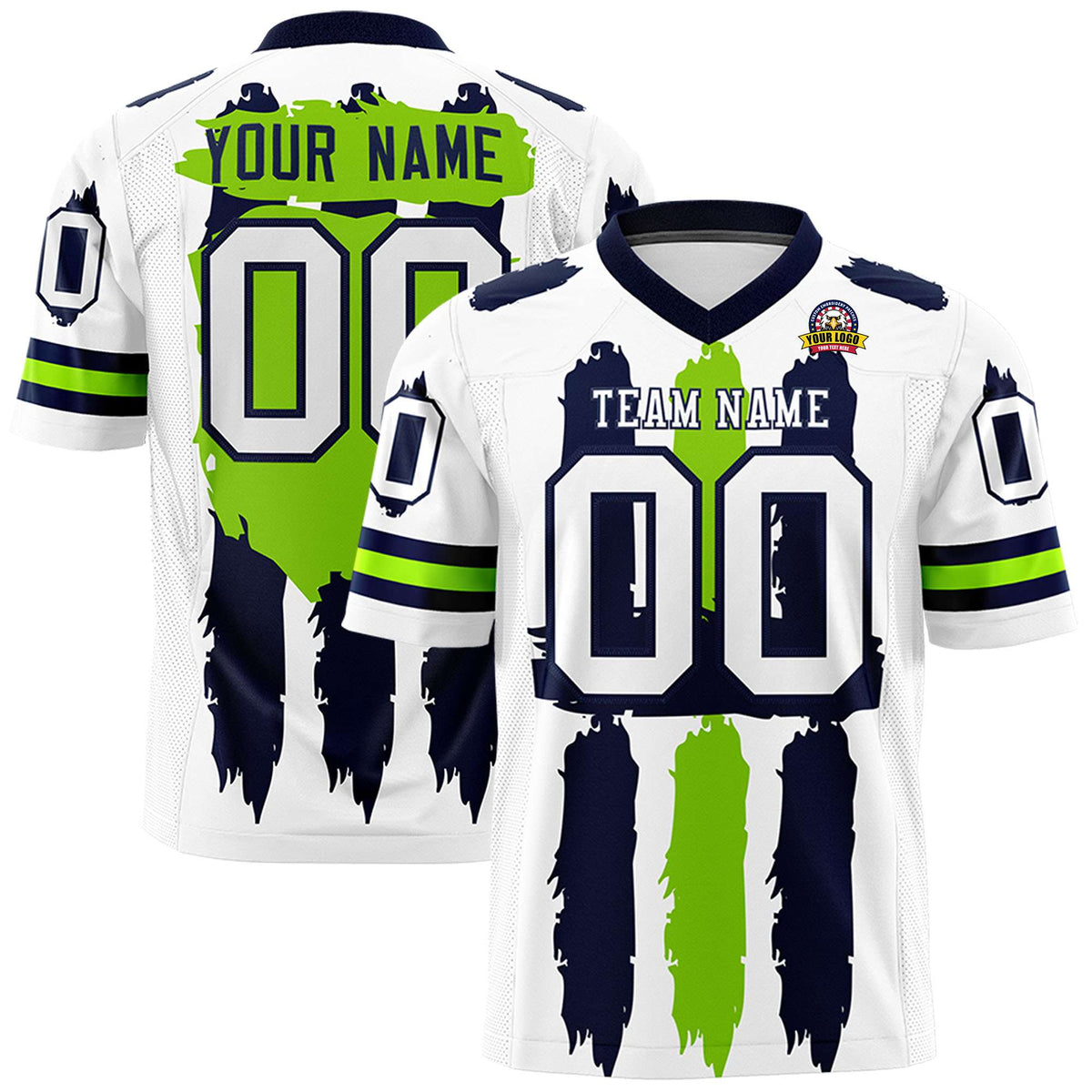 Custom Flag Football Jersey | White Navy and Neon Green Graffiti Pattern Practice 7on7 Uniforms | Add name, number &amp; logo| KXKSHOP