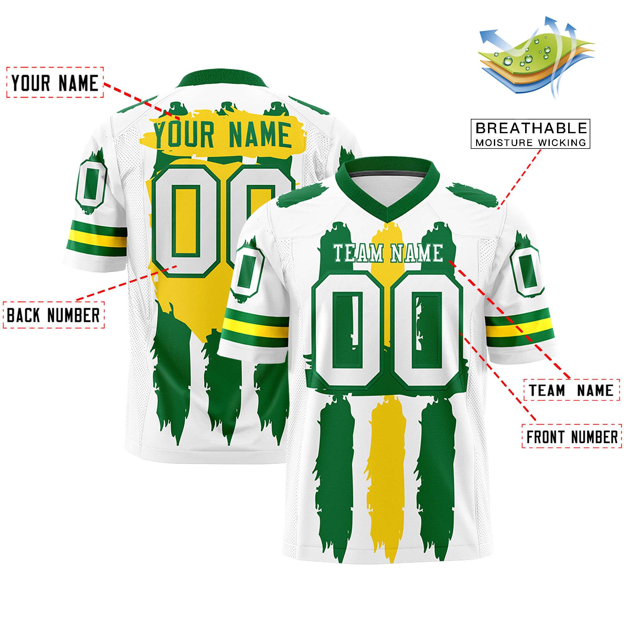 Custom Flag Football Jersey | White Kelly Green and Gold Graffiti Pattern Practice 7on7 Uniforms | Add name, number & logo| KXKSHOP