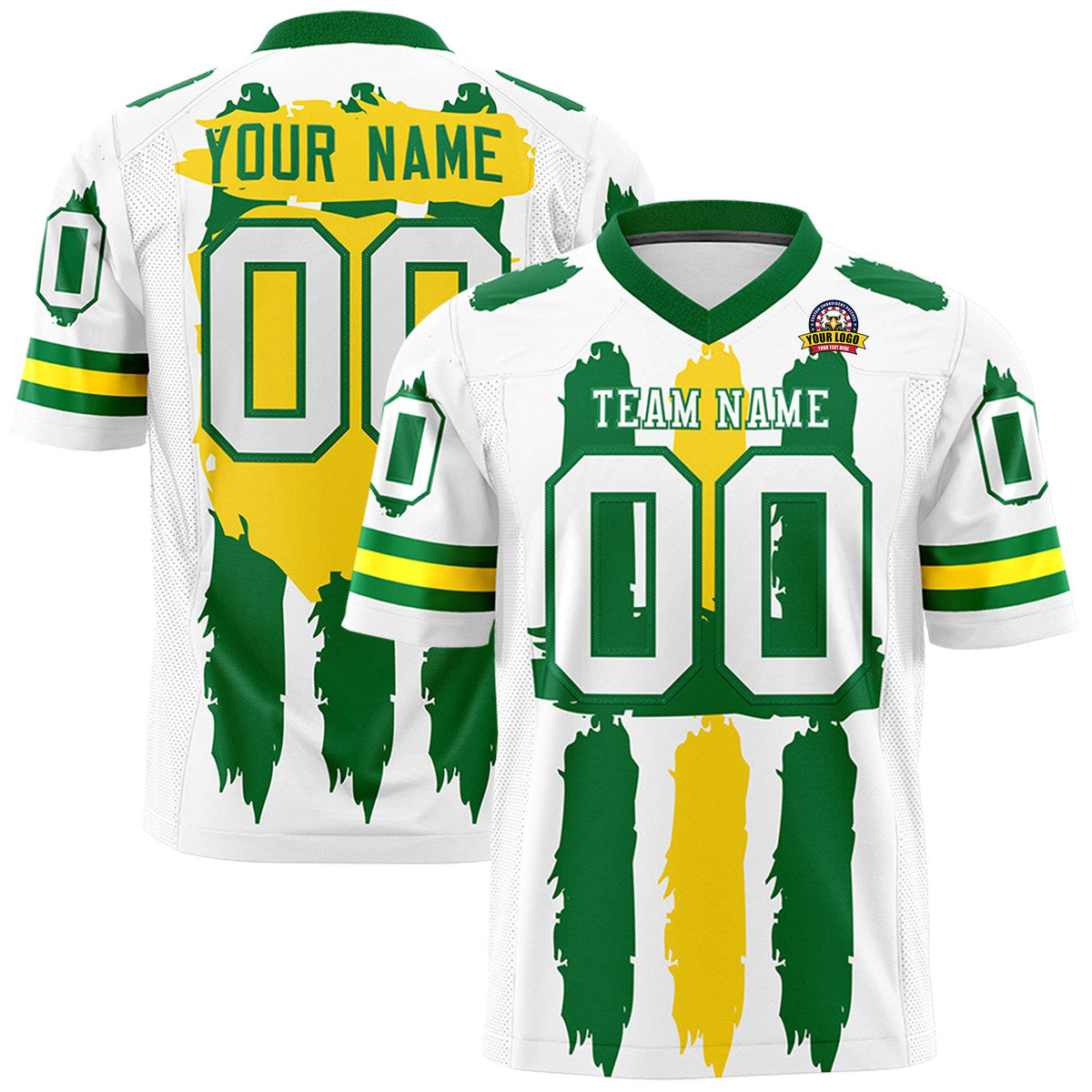 Custom Flag Football Jersey | White Kelly Green and Gold Graffiti Pattern Practice 7on7 Uniforms | Add name, number &amp; logo| KXKSHOP