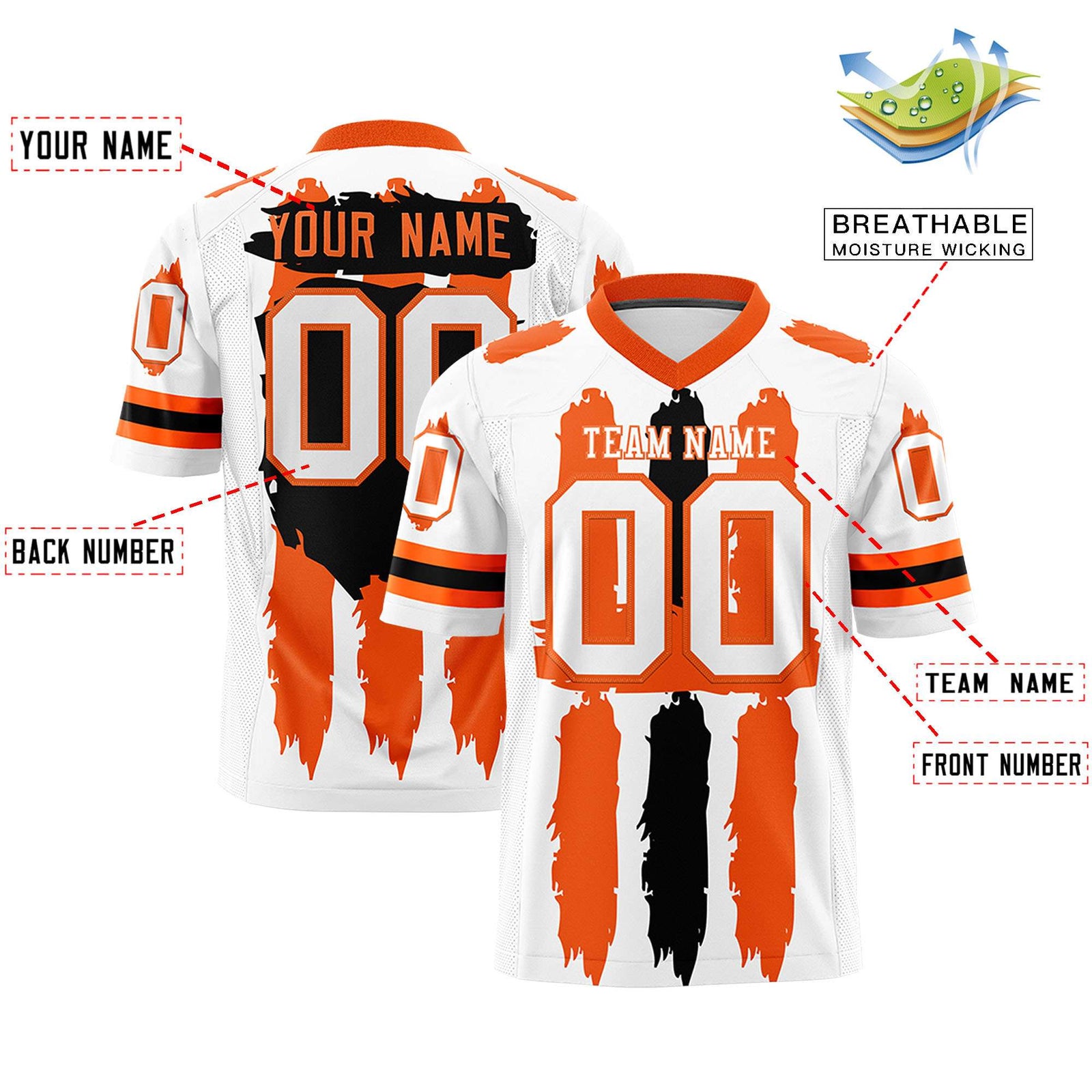 Custom Flag Football Jersey | White Orange and Black Graffiti Pattern Practice 7on7 Uniforms | Add name, number & logo| KXKSHOP