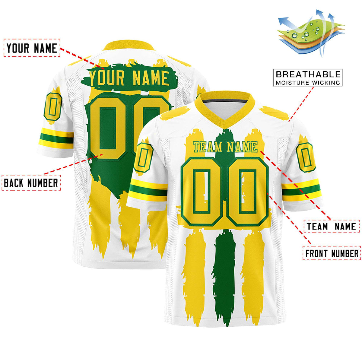 Custom Flag Football Jersey | White Gold and Kelly Green Graffiti Pattern Practice 7on7 Uniforms | Add name, number &amp; logo| KXKSHOP