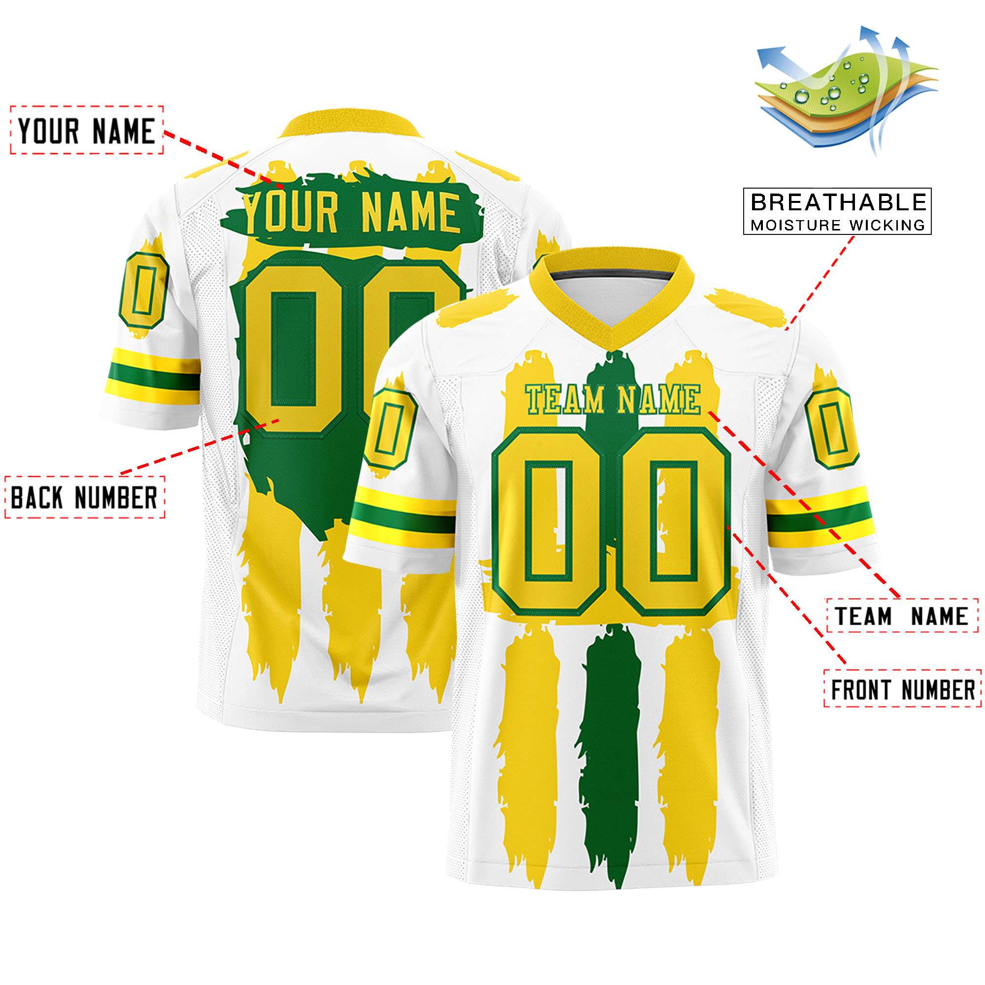Custom Flag Football Jersey | White Gold and Kelly Green Graffiti Pattern Practice 7on7 Uniforms | Add name, number & logo| KXKSHOP