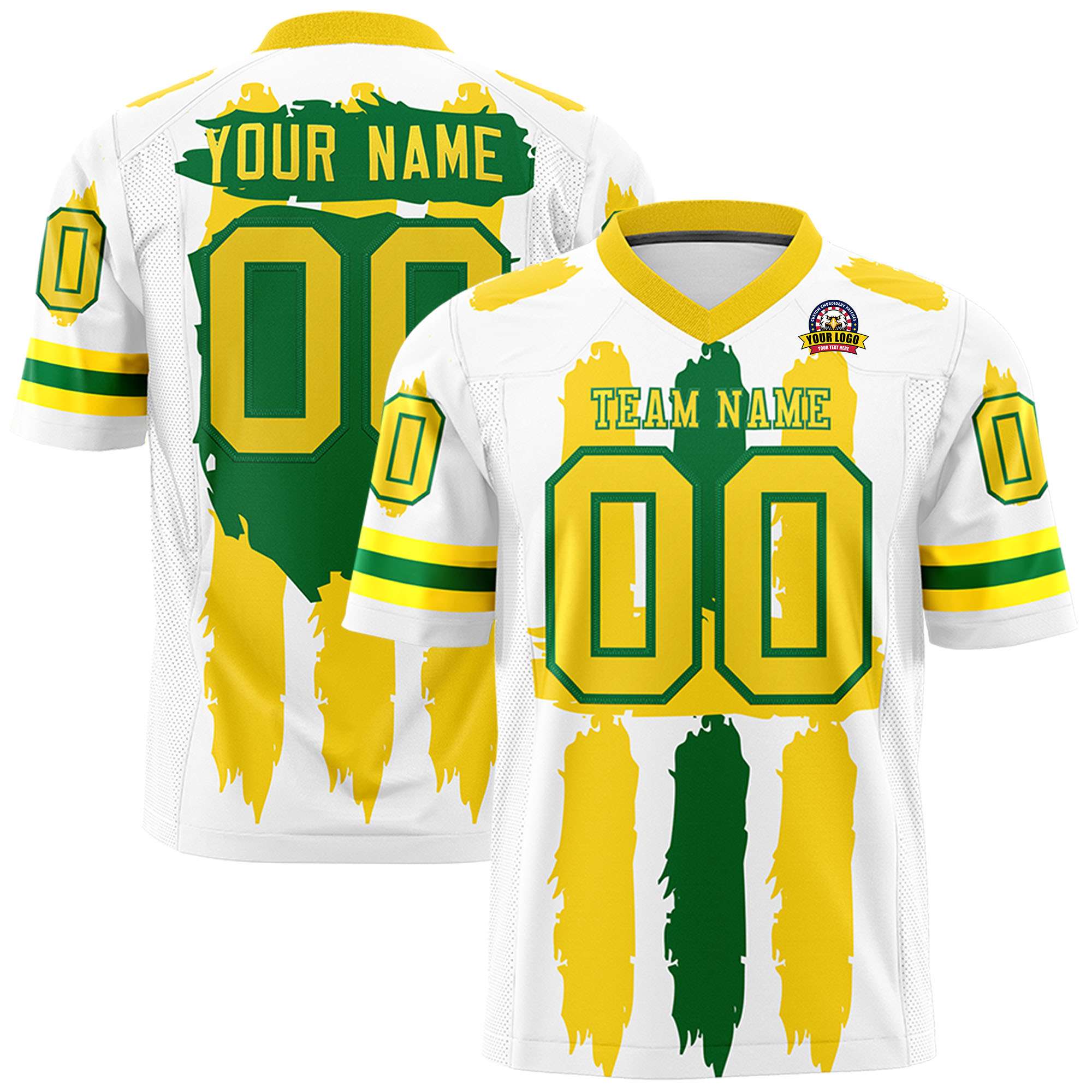 Custom Flag Football Jersey | White Gold and Kelly Green Graffiti Pattern Practice 7on7 Uniforms | Add name, number & logo| KXKSHOP