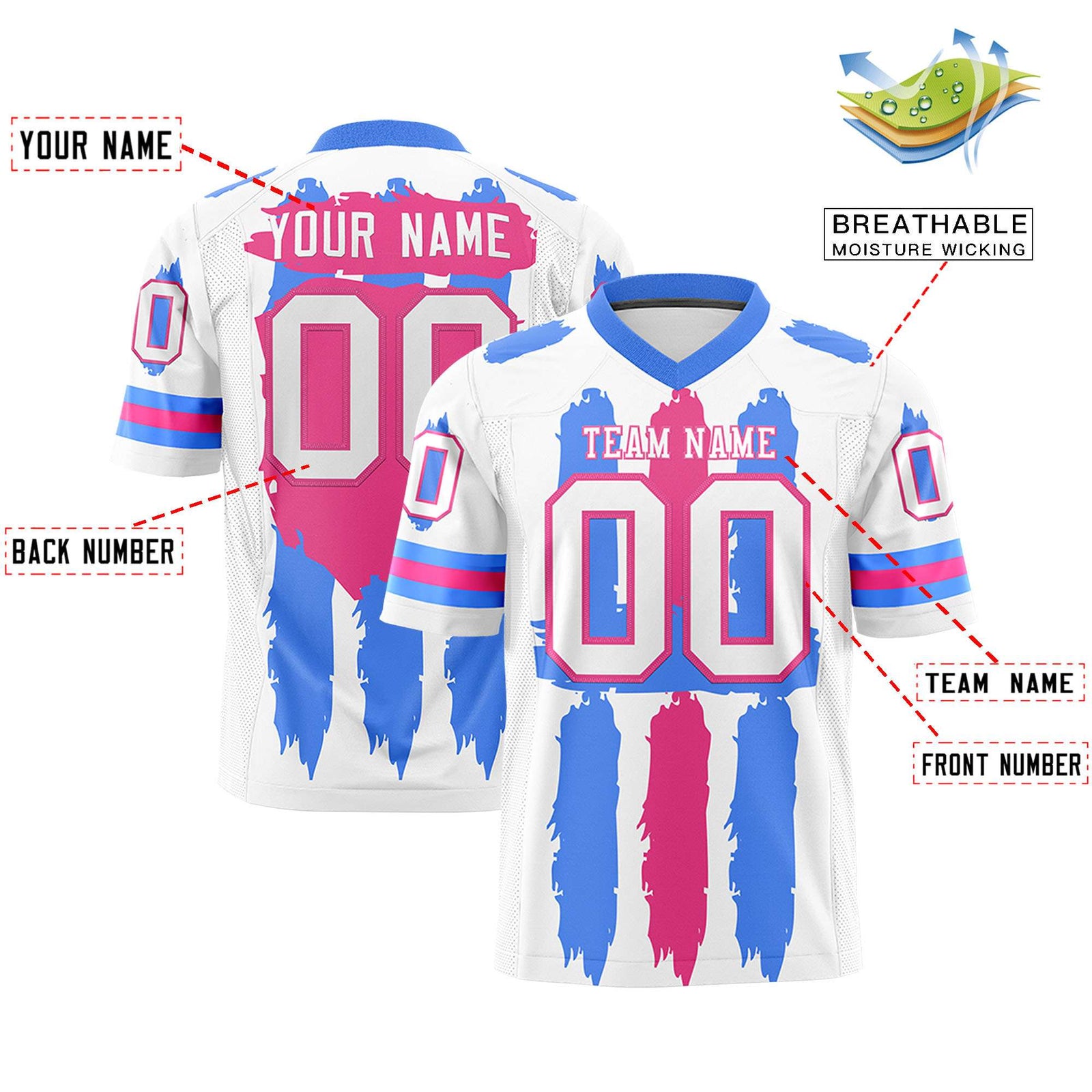 Custom Flag Football Jersey | White Powder Blue and Pink Graffiti Pattern Practice 7on7 Uniforms | Add name, number & logo| KXKSHOP