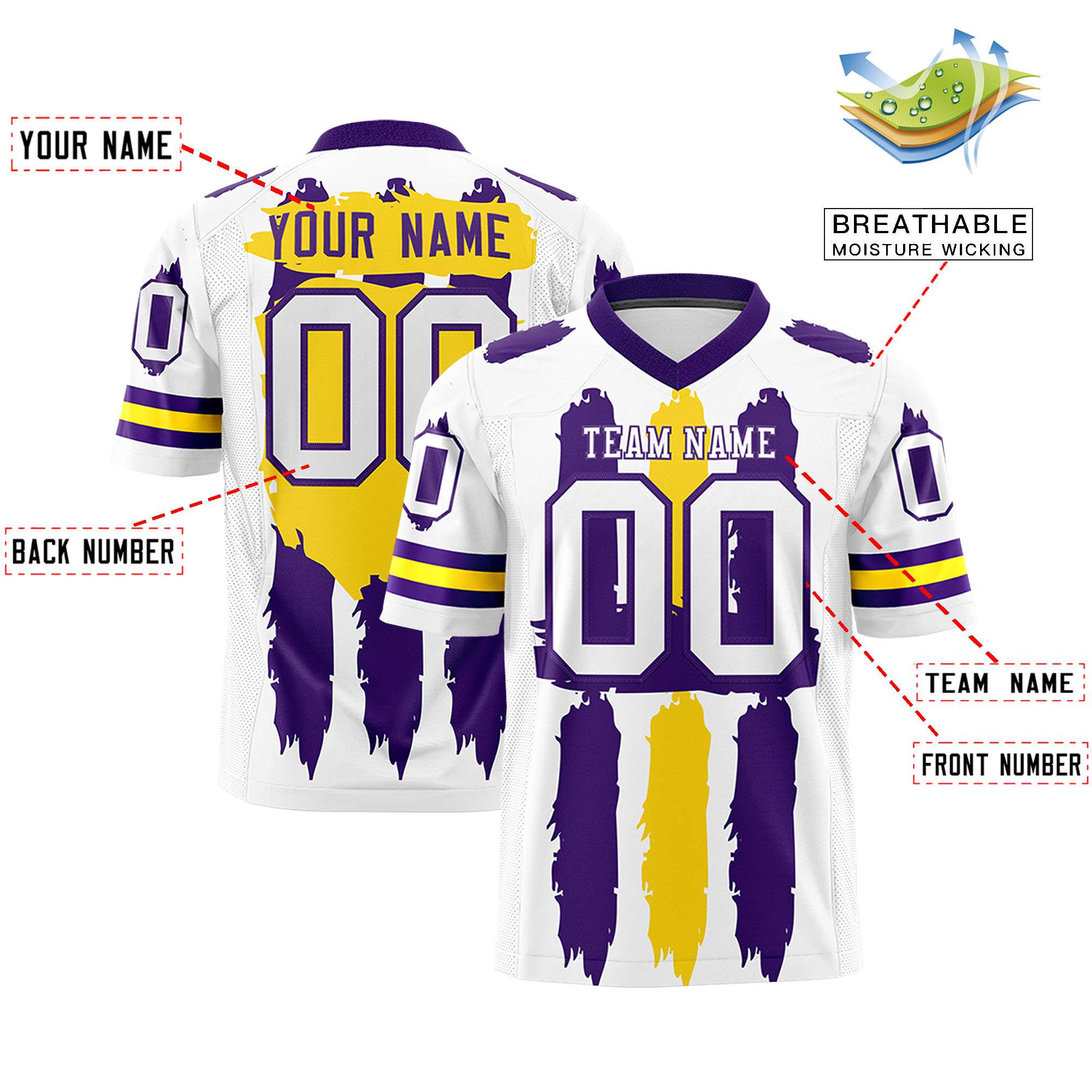 Custom White Purple and Gold Graffiti Pattern Practice Football Jerseys