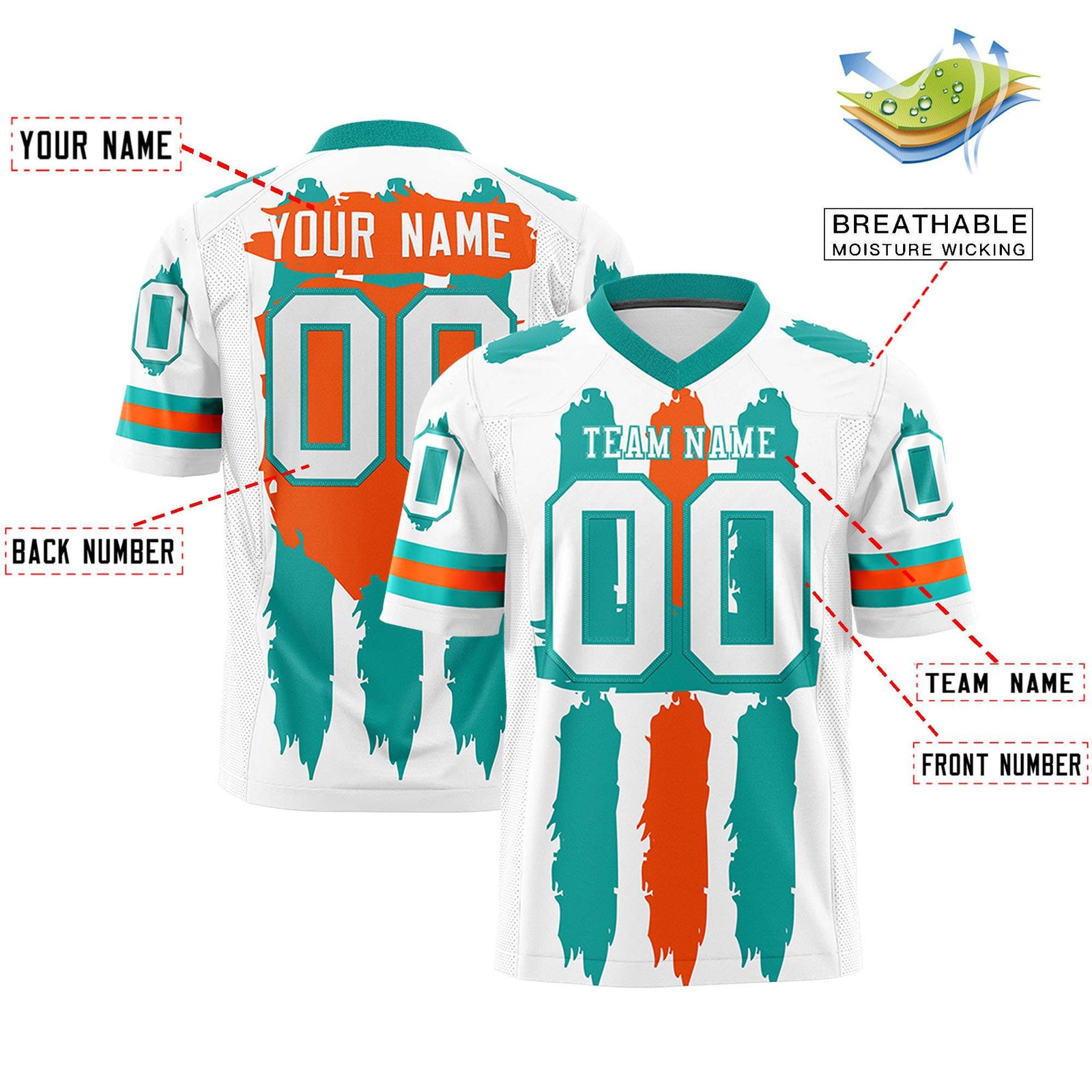 Custom Flag Football Jersey | White Aqua and Orange Graffiti Pattern Practice 7on7 Uniforms | Add name, number & logo| KXKSHOP