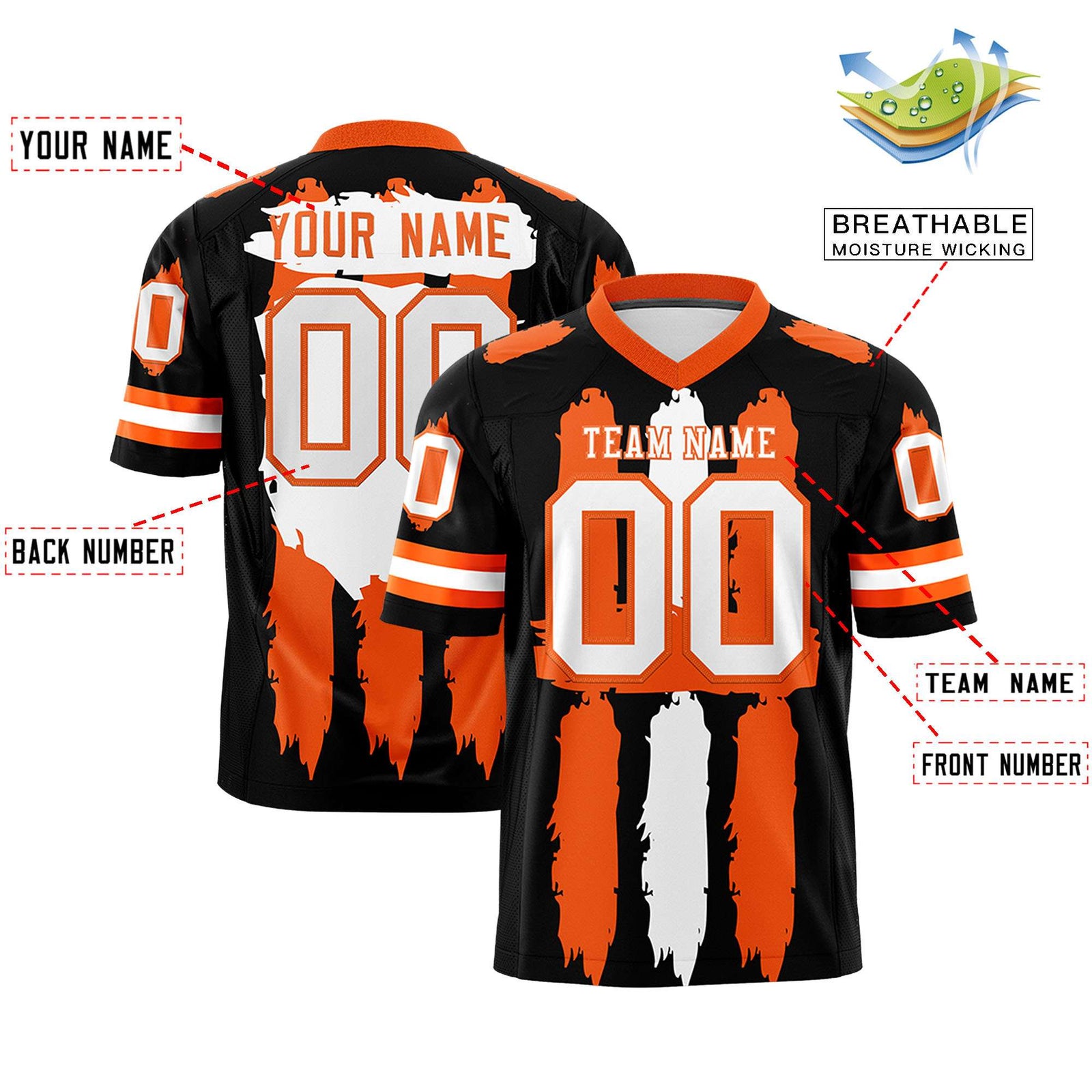 Custom Flag Football Jersey | Black Orange and White Graffiti Pattern Practice 7on7 Uniforms | Add name, number & logo| KXKSHOP