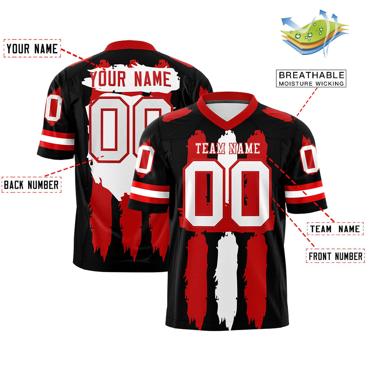 Custom Flag Football Jersey | Black Red and White Graffiti Pattern Practice 7on7 Uniforms | Add name, number &amp; logo| KXKSHOP