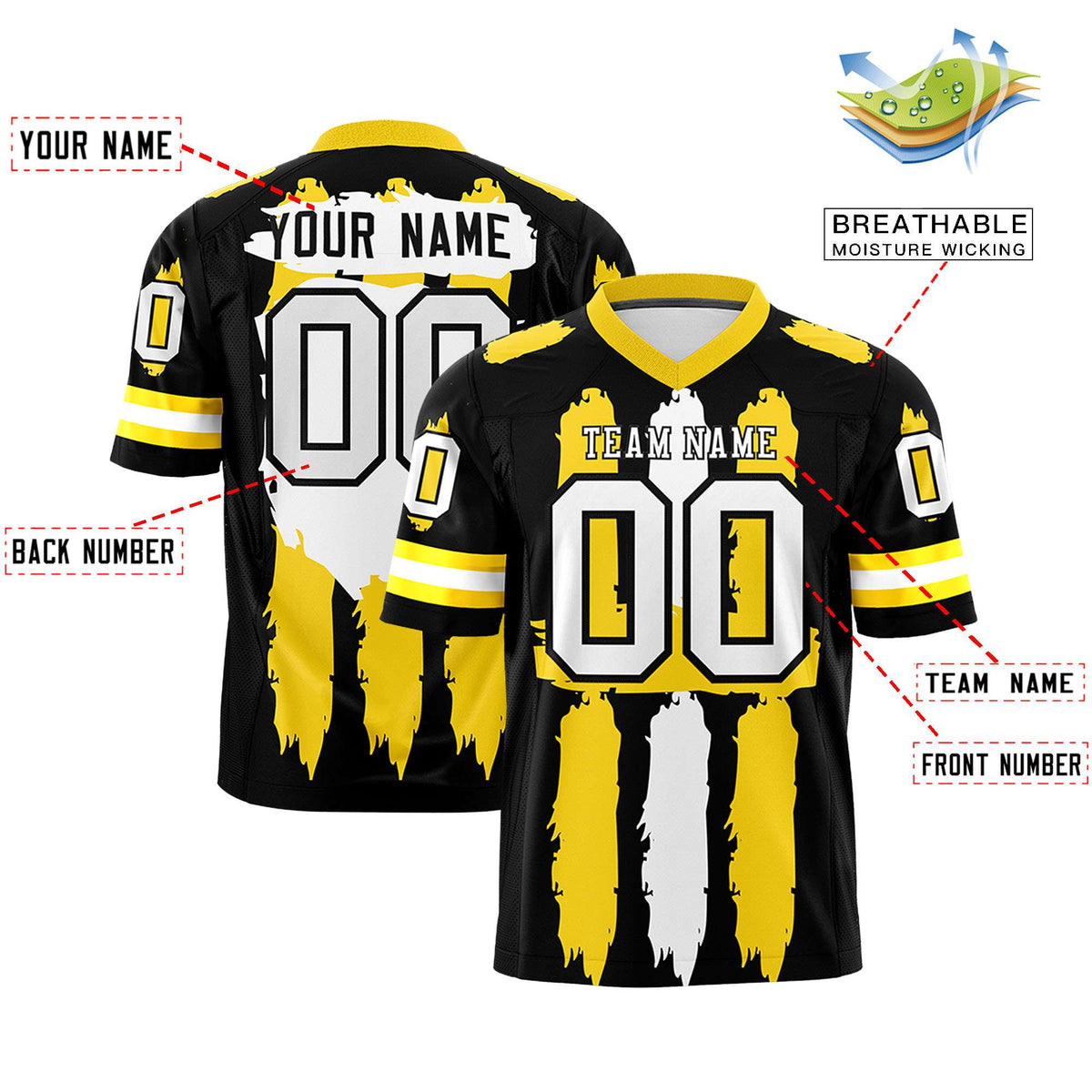 Custom Flag Football Jersey | Black Gold and White Graffiti Pattern Practice 7on7 Uniforms | Add name, number &amp; logo| KXKSHOP