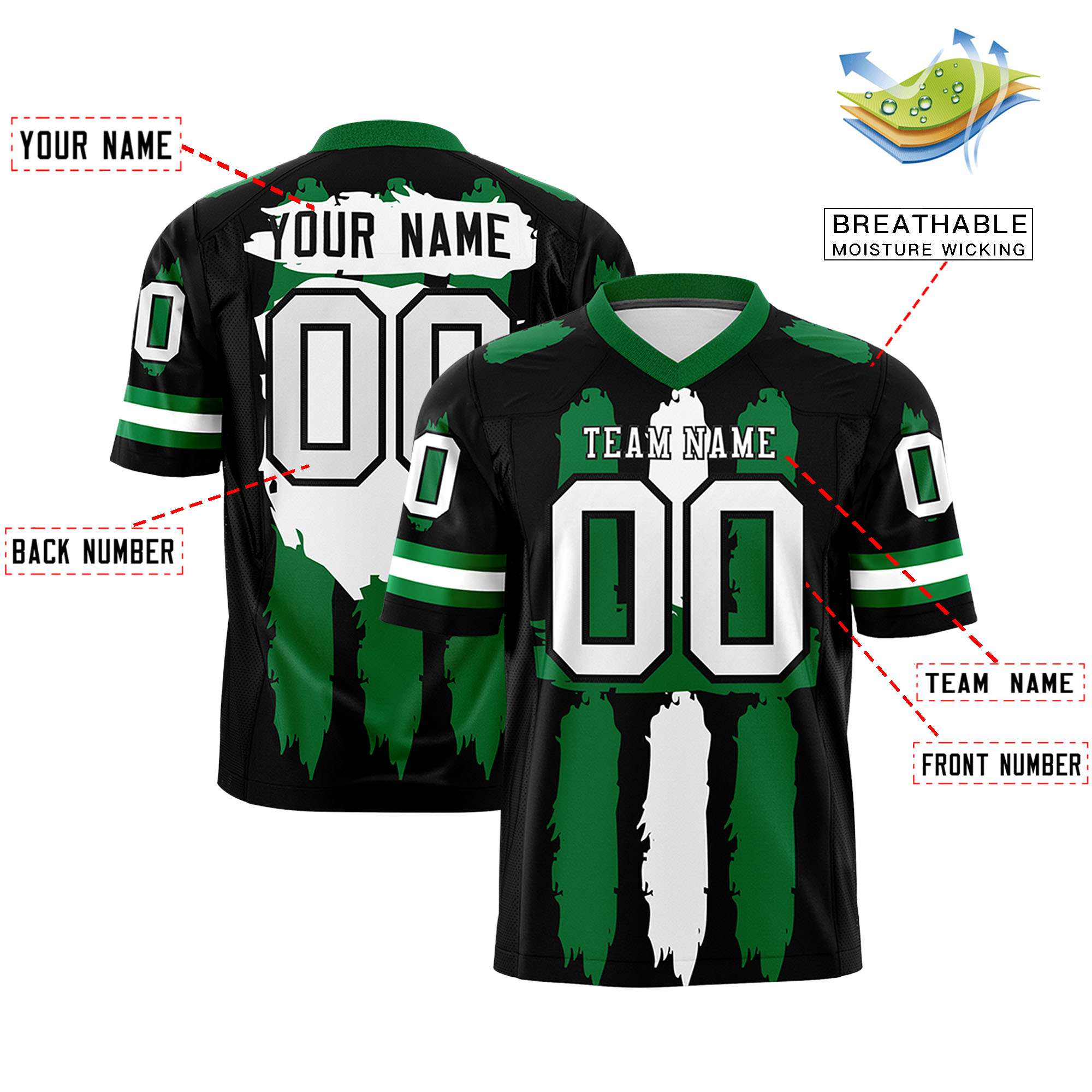 Custom Black Kelly Green and White Graffiti Pattern Practice Football Jerseys