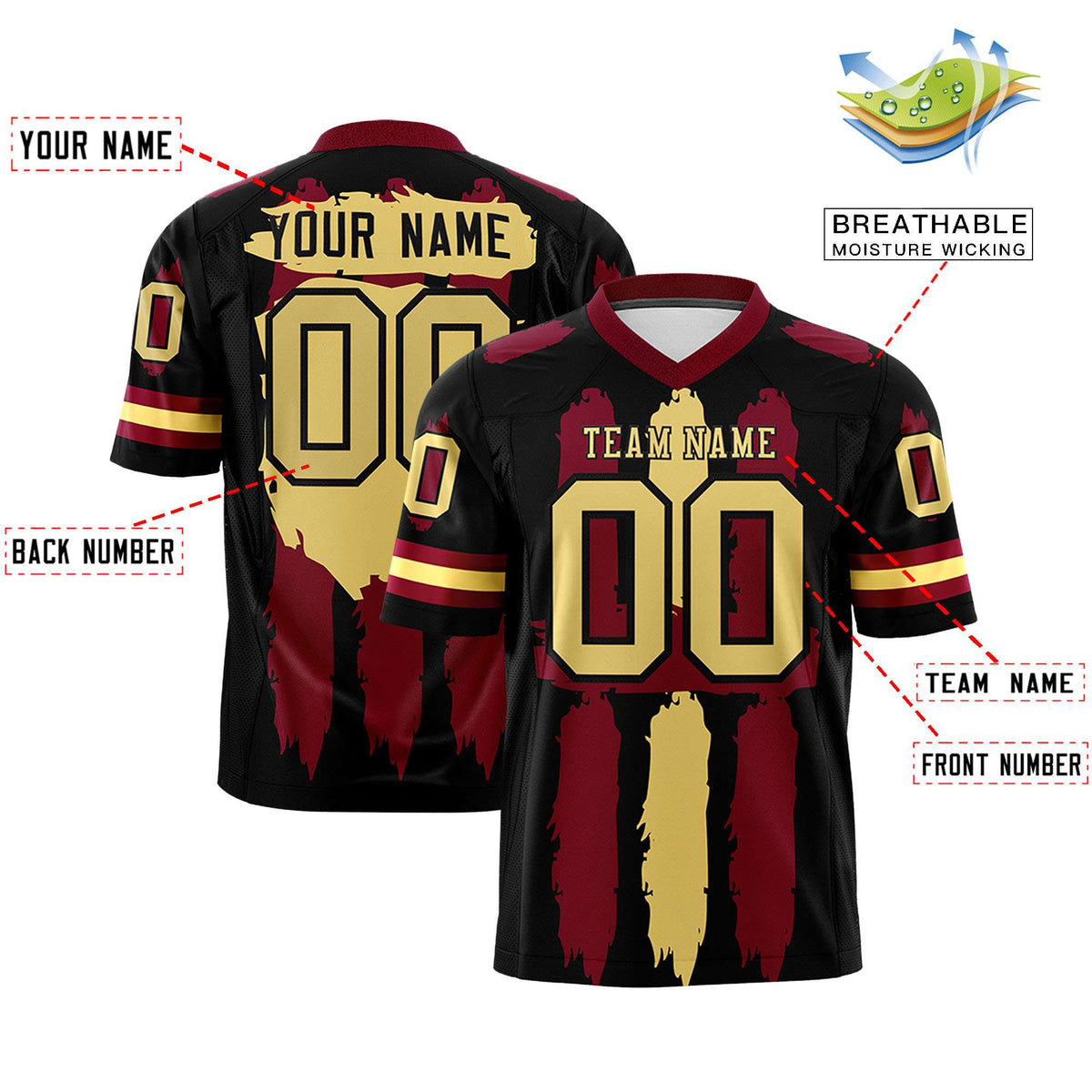 Custom Flag Football Jersey | Black Crimson and Khaki Graffiti Pattern Practice 7on7 Uniforms | Add name, number &amp; logo| KXKSHOP