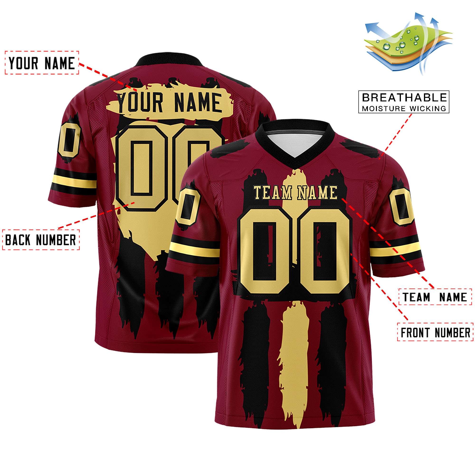 Custom Crimson Black and Khaki Graffiti Pattern Practice Football Jerseys