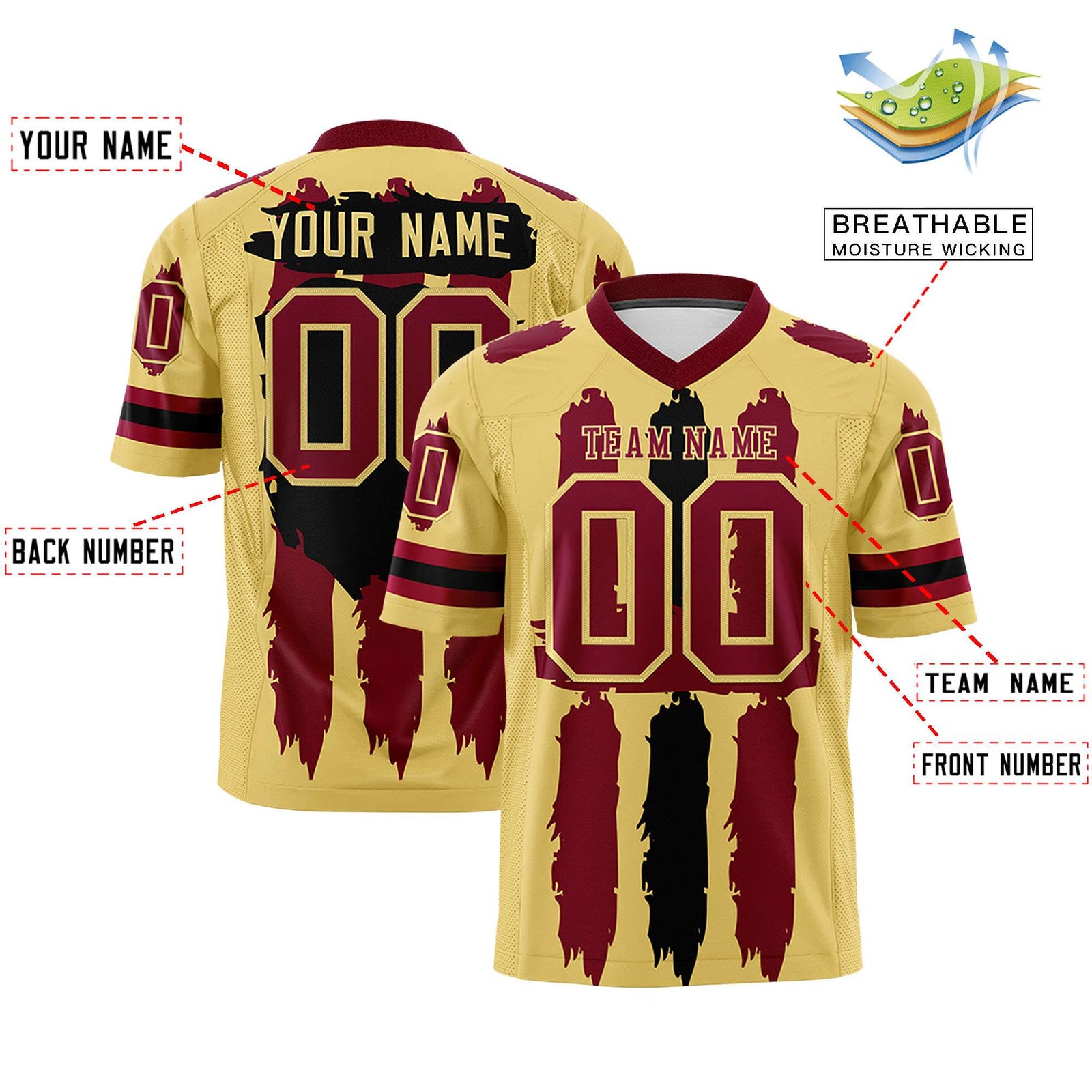 Custom Flag Football Jersey | Khaki Crimson and Black Graffiti Pattern Practice 7on7 Uniforms | Add name, number & logo| KXKSHOP