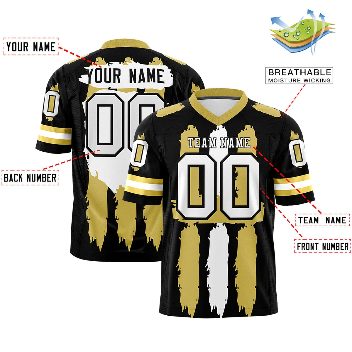 Custom Flag Football Jersey | Black Old Gold and White Graffiti Pattern Practice 7on7 Uniforms | Add name, number &amp; logo| KXKSHOP