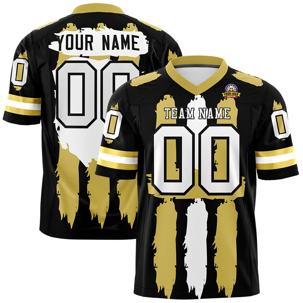 Custom Flag Football Jersey | Black Old Gold and White Graffiti Pattern Practice 7on7 Uniforms | Add name, number &amp; logo| KXKSHOP