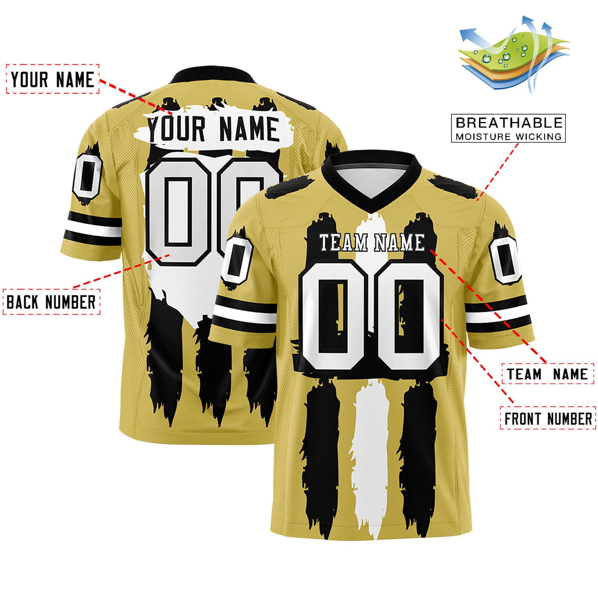Custom Flag Football Jersey | Old Gold Black and White Graffiti Pattern Practice 7on7 Uniforms | Add name, number &amp; logo| KXKSHOP