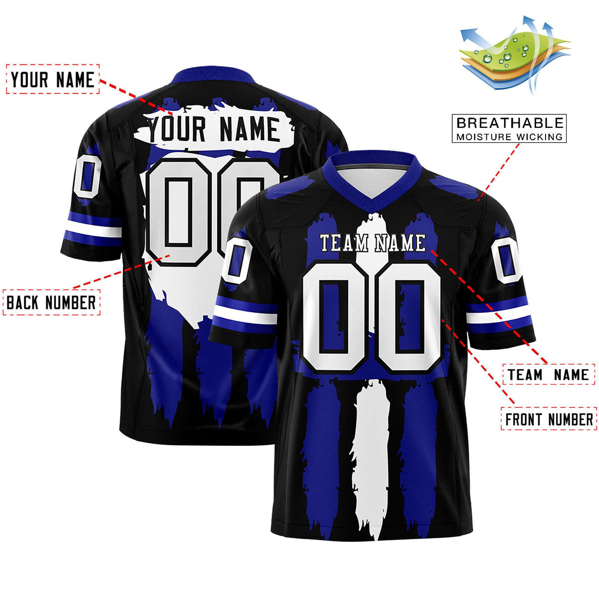 Custom Flag Football Jersey | Black Royal and White Graffiti Pattern Practice 7on7 Uniforms | Add name, number &amp; logo| KXKSHOP