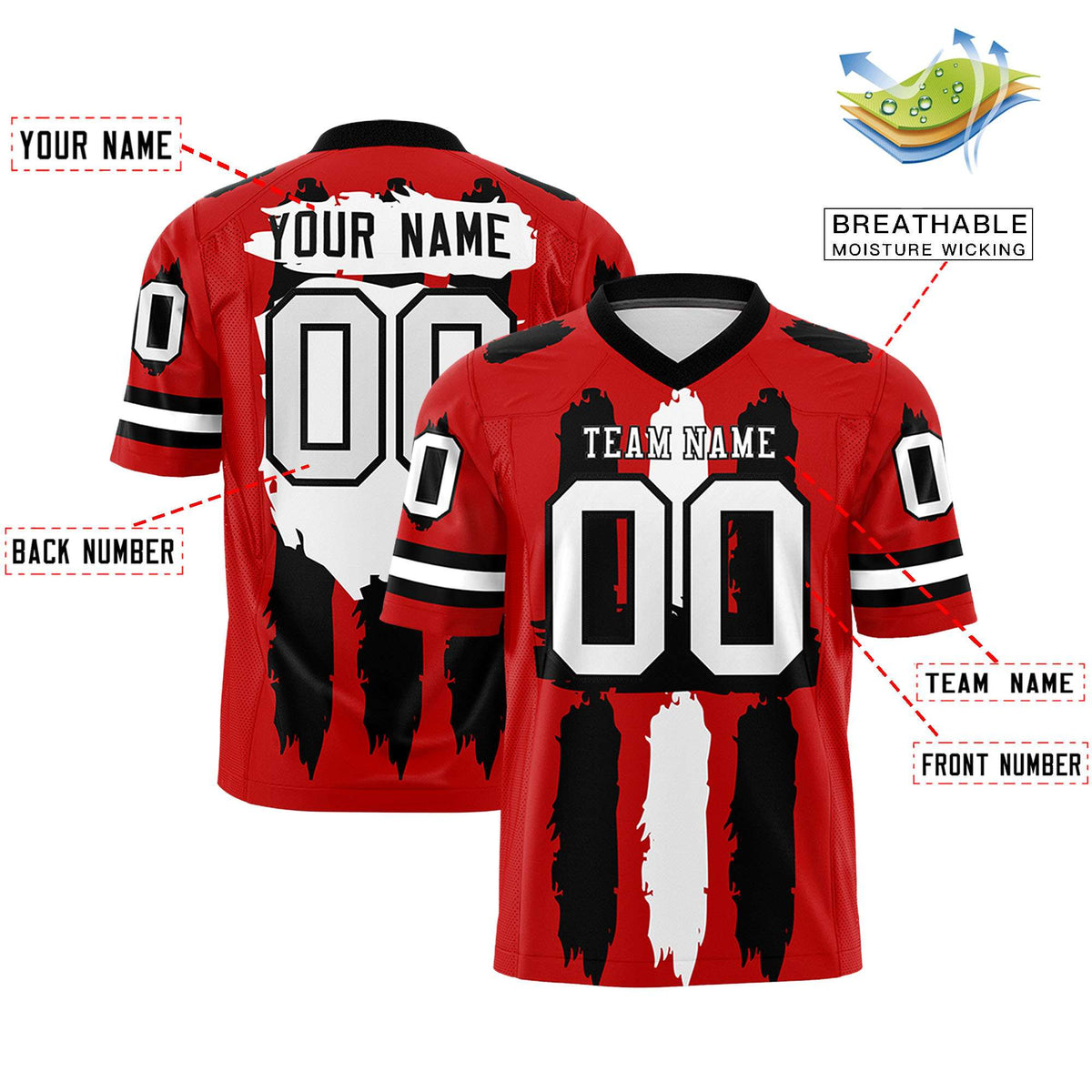 Custom Flag Football Jersey | Red Black and White Graffiti Pattern Practice 7on7 Uniforms | Add name, number &amp; logo| KXKSHOP