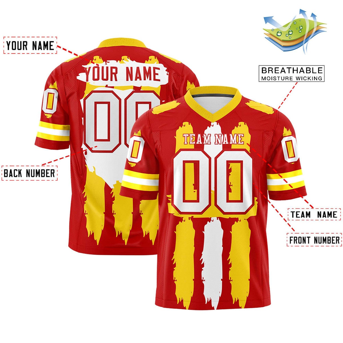 Custom Flag Football Jersey | Red Gold and White Graffiti Pattern Practice 7on7 Uniforms | Add name, number &amp; logo| KXKSHOP