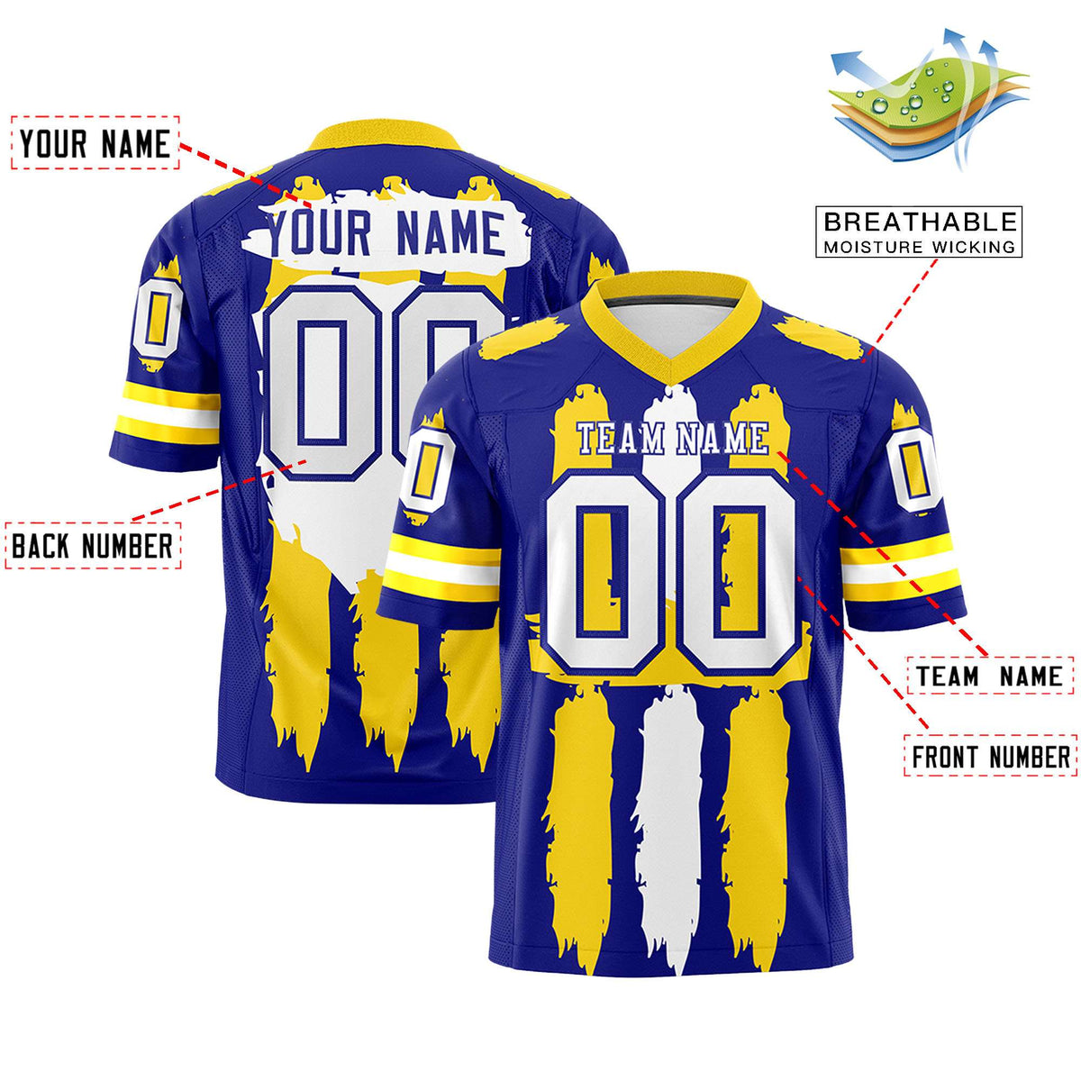 Custom Flag Football Jersey | Royal Gold and White Graffiti Pattern Practice 7on7 Uniforms | Add name, number &amp; logo| KXKSHOP