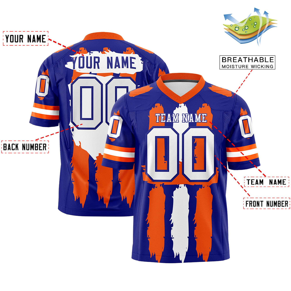 Custom Flag Football Jersey | Royal Orange and White Graffiti Pattern Practice 7on7 Uniforms | Add name, number &amp; logo| KXKSHOP