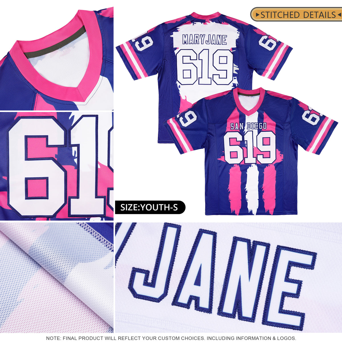 Custom Royal Pink and White Graffiti Pattern Flag Football Jerseys