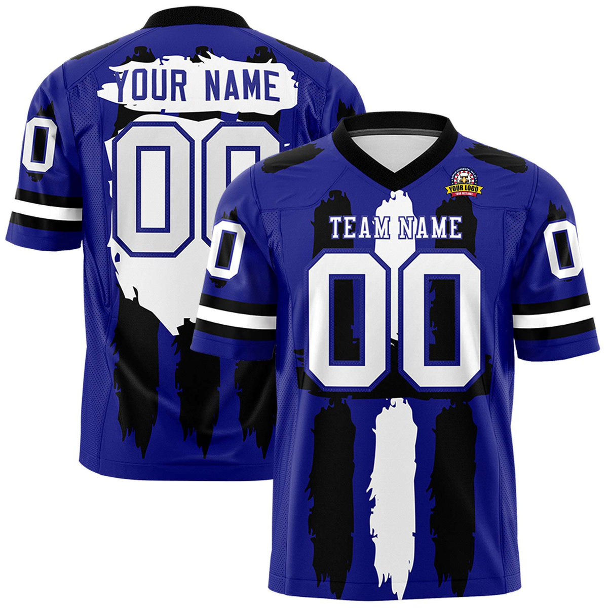 Custom Flag Football Jersey | Royal Black and White Graffiti Pattern Practice 7on7 Uniforms | Add name, number &amp; logo| KXKSHOP