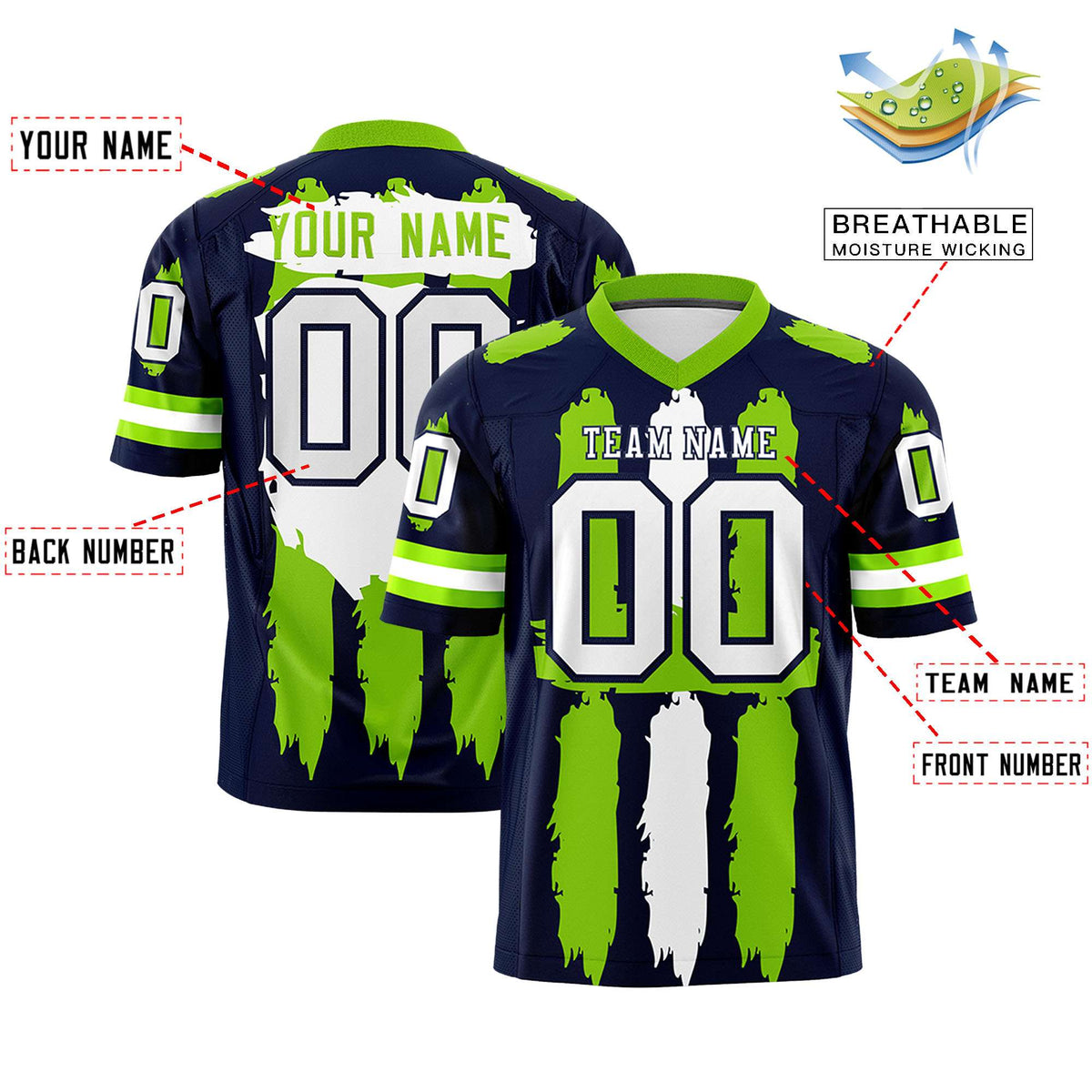 Custom Flag Football Jersey | Navy Neon Green and White Graffiti Pattern Practice 7on7 Uniforms | Add name, number &amp; logo| KXKSHOP
