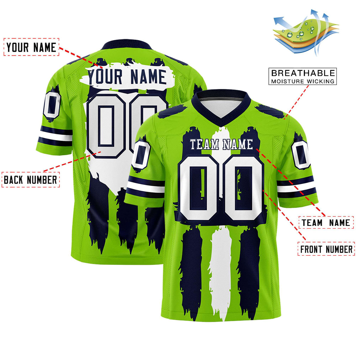 Custom Flag Football Jersey | Neon Green Navy and White Graffiti Pattern Practice 7on7 Uniforms | Add name, number &amp; logo| KXKSHOP