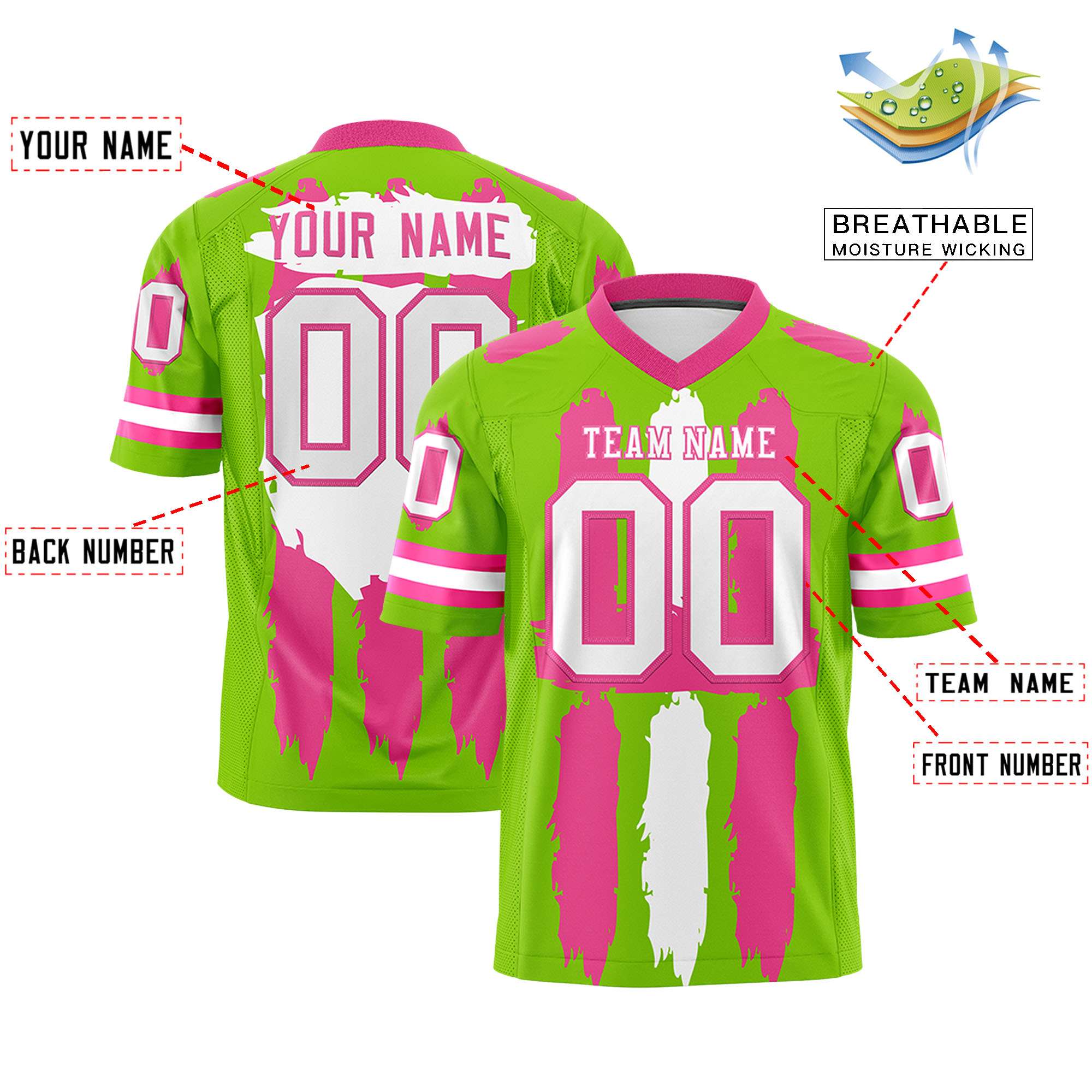 Custom Flag Football Jersey | Neon Green Pink and White Graffiti Pattern Practice 7on7 Uniforms | Add name, number & logo| KXKSHOP