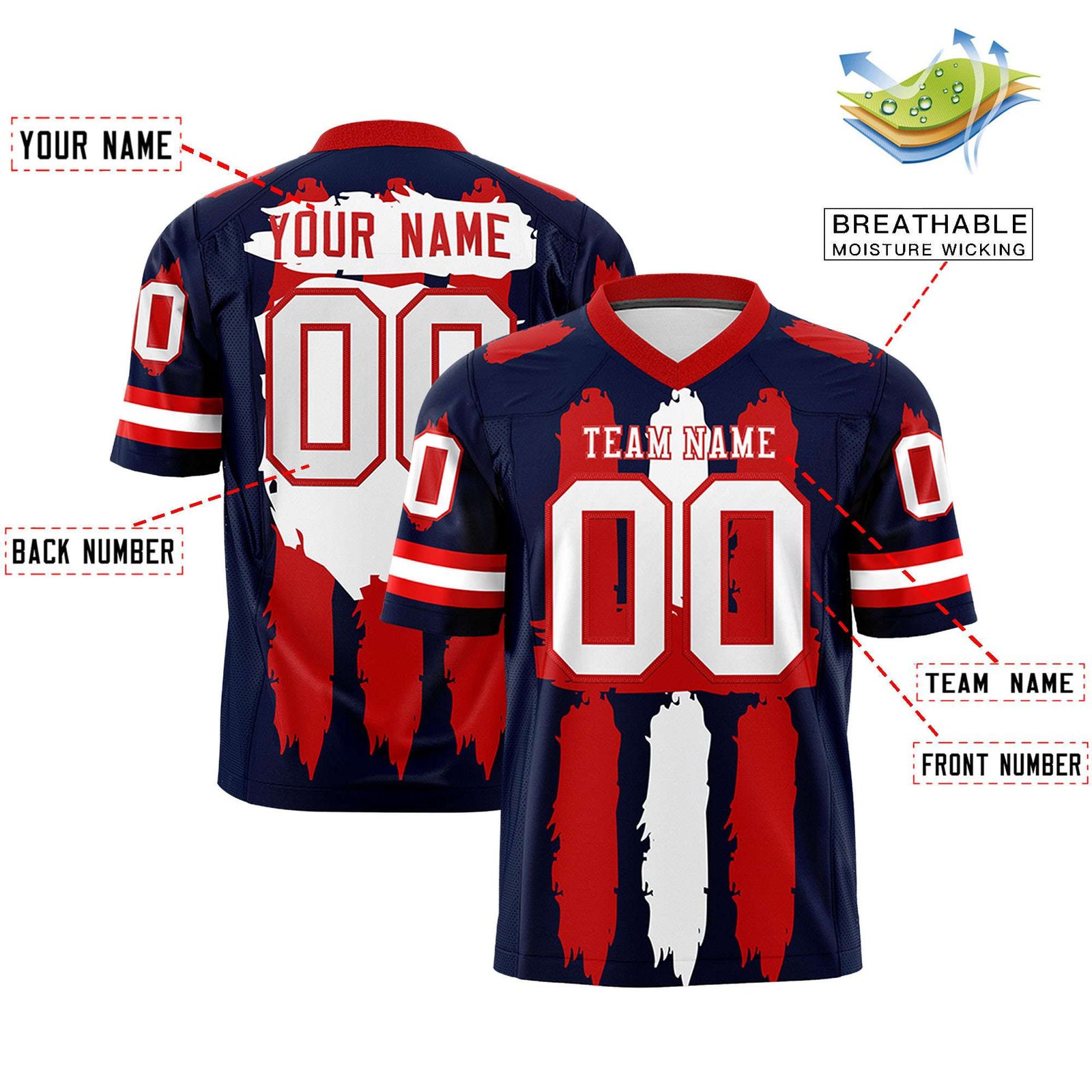 Custom Flag Football Jersey | Navy Red and White Graffiti Pattern Practice 7on7 Uniforms | Add name, number & logo| KXKSHOP