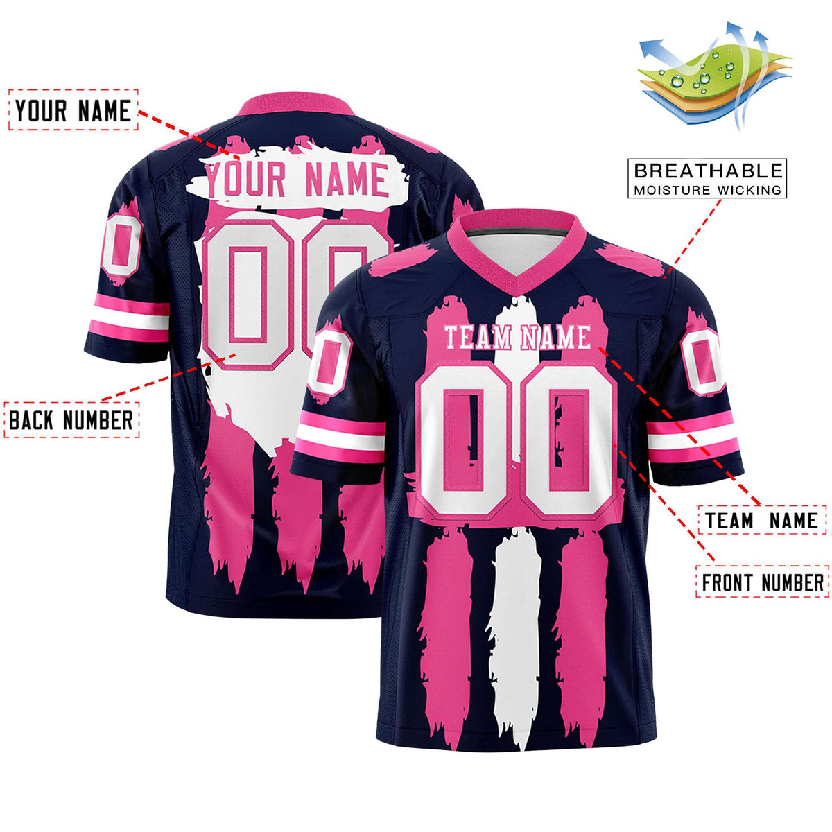 Custom Flag Football Jersey | Navy Pink and White Graffiti Pattern Practice 7on7 Uniforms | Add name, number &amp; logo| KXKSHOP