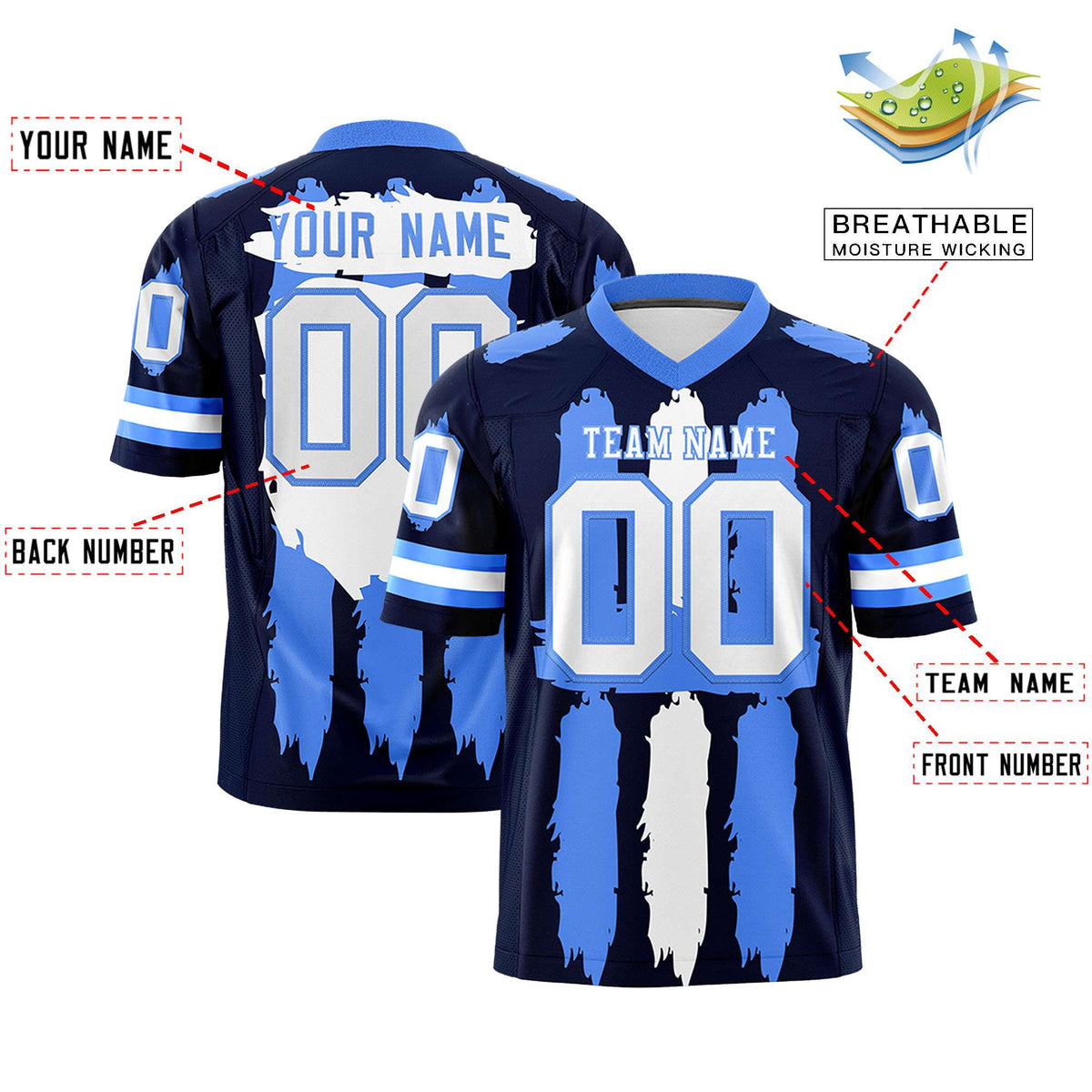 Custom Flag Football Jersey | Navy Powder Blue and White Graffiti Pattern Practice 7on7 Uniforms | Add name, number &amp; logo| KXKSHOP