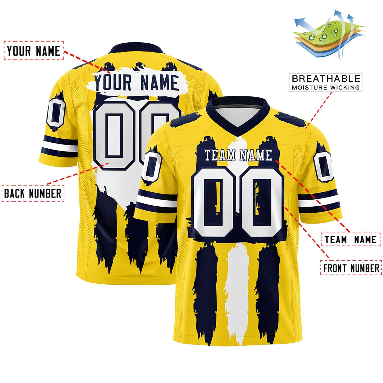Custom Flag Football Jersey | Gold Navy and White Graffiti Pattern Practice 7on7 Uniforms | Add name, number & logo| KXKSHOP