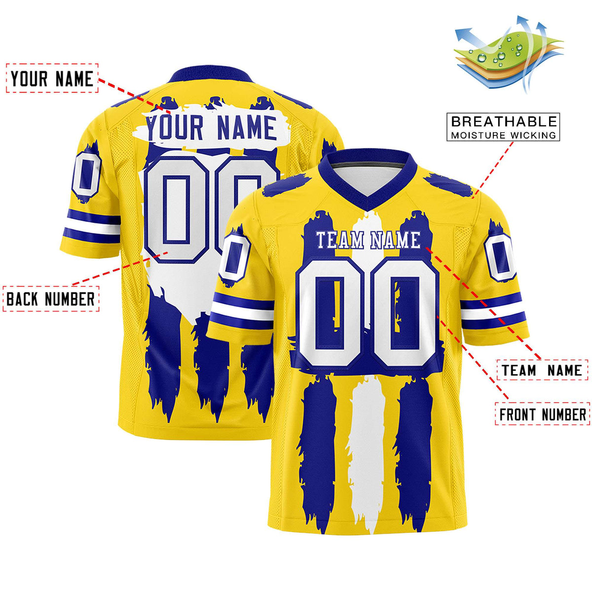 Custom Flag Football Jersey | Gold Royal and White Graffiti Pattern Practice 7on7 Uniforms | Add name, number &amp; logo| KXKSHOP