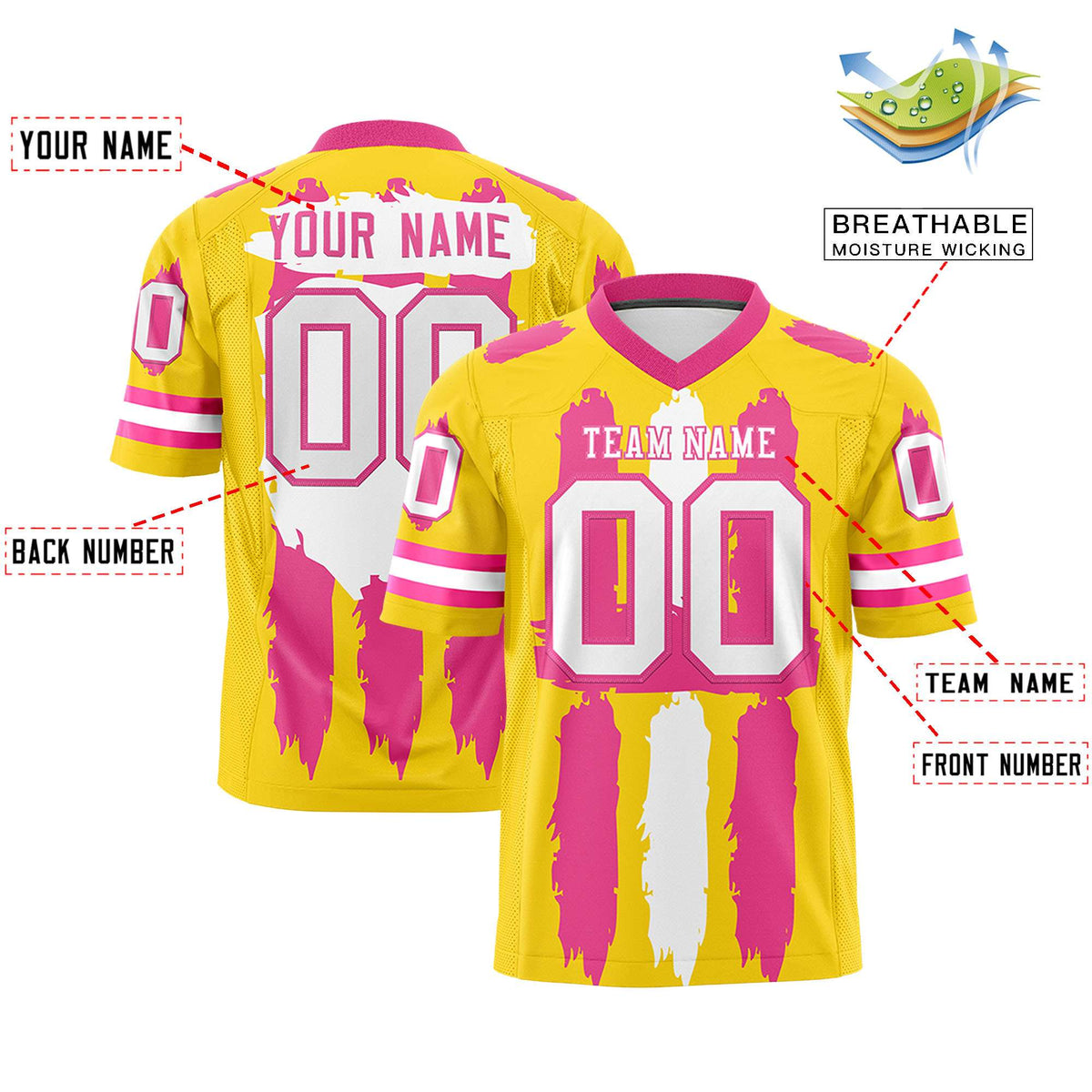 Custom Flag Football Jersey | Gold Pink and White Graffiti Pattern Practice 7on7 Uniforms | Add name, number &amp; logo| KXKSHOP