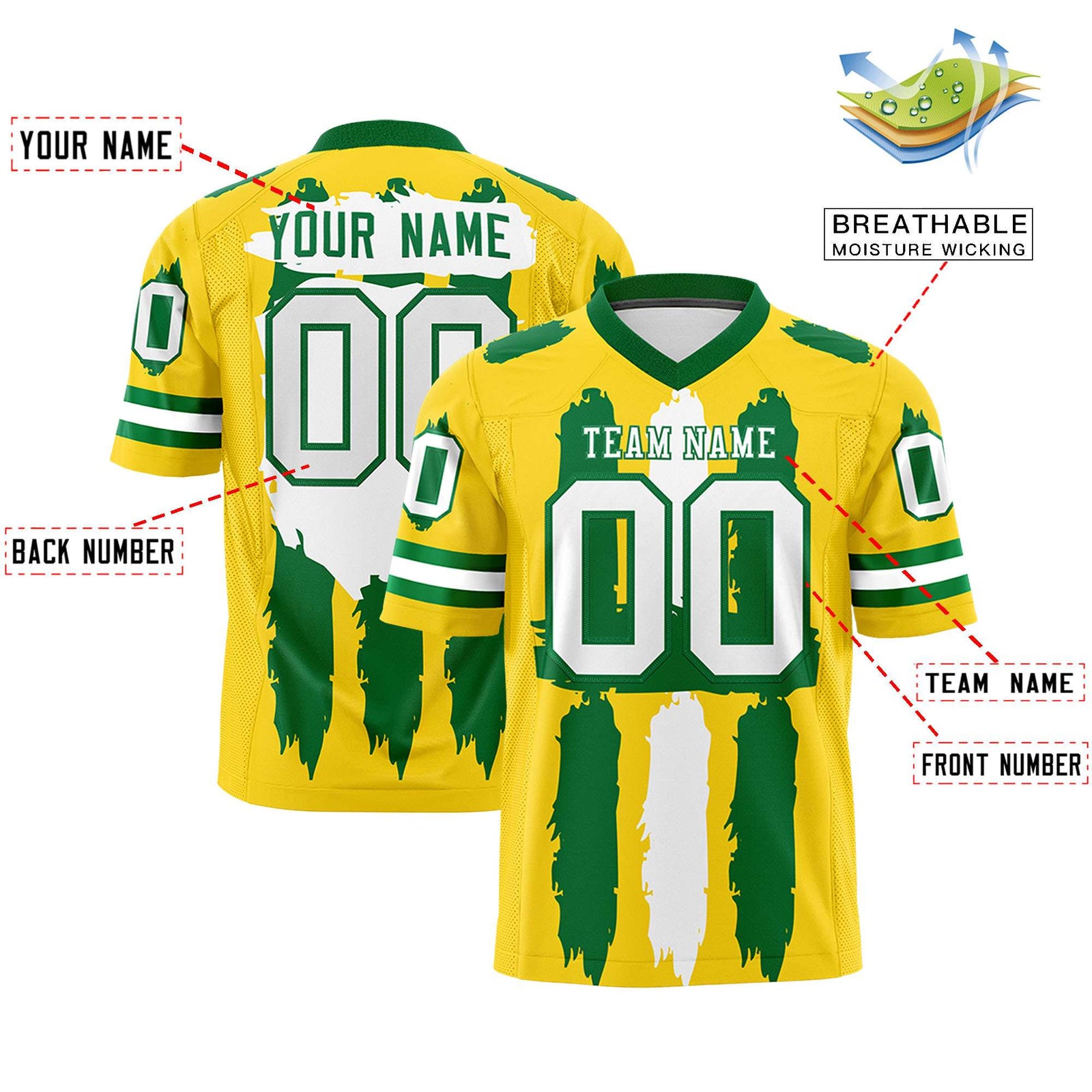 Custom Flag Football Jersey | Gold Kelly Green and  Graffiti Pattern Practice 7on7 Uniforms | Add name, number & logo| KXKSHOP