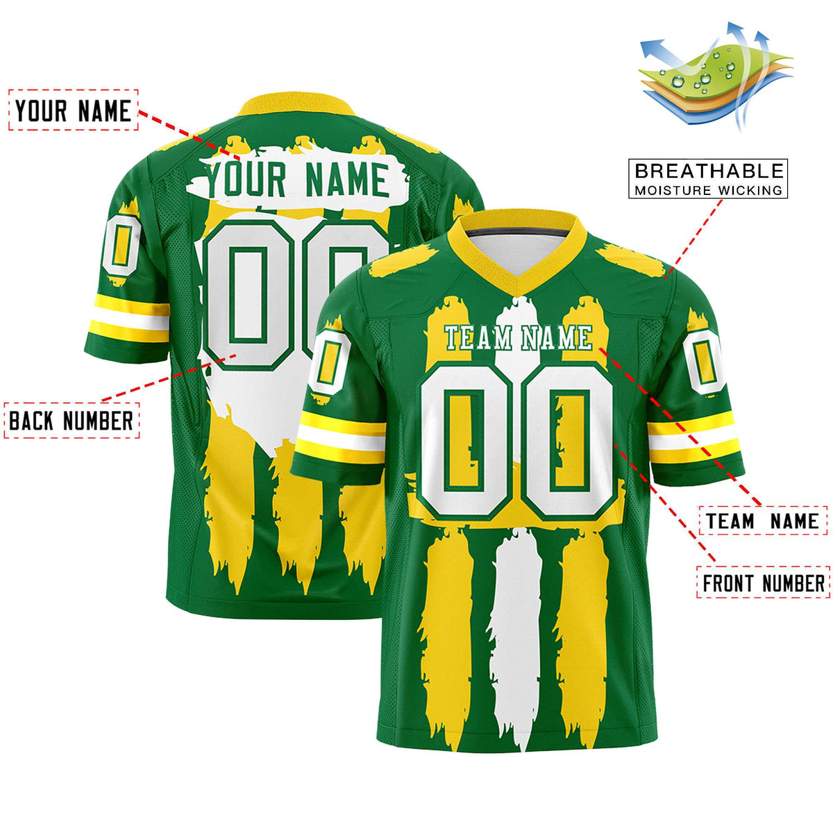 Custom Flag Football Jersey | Kelly Green Gold and White Graffiti Pattern Practice 7on7 Uniforms | Add name, number &amp; logo| KXKSHOP