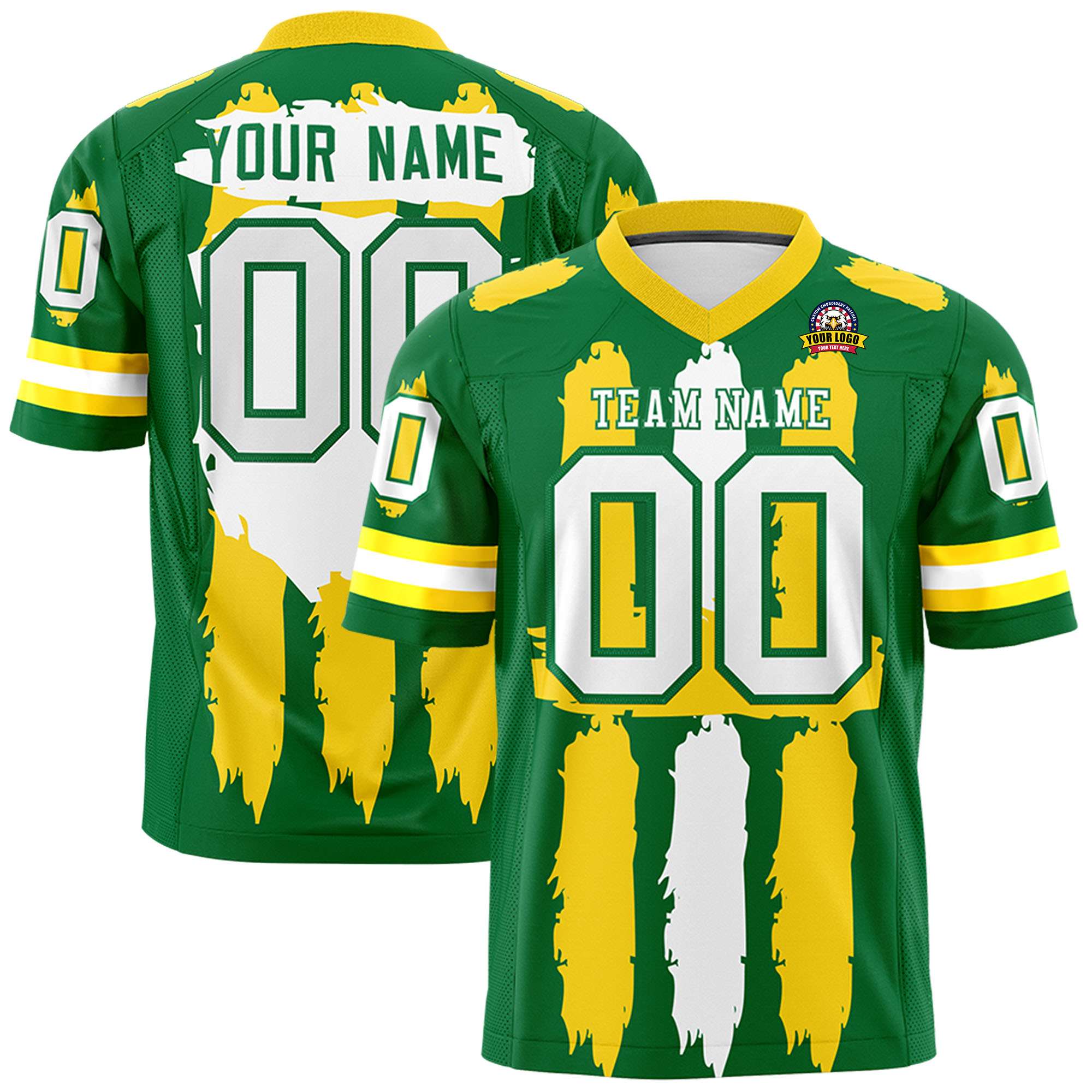 Custom Flag Football Jersey | Kelly Green Gold and White Graffiti Pattern Practice 7on7 Uniforms | Add name, number & logo| KXKSHOP