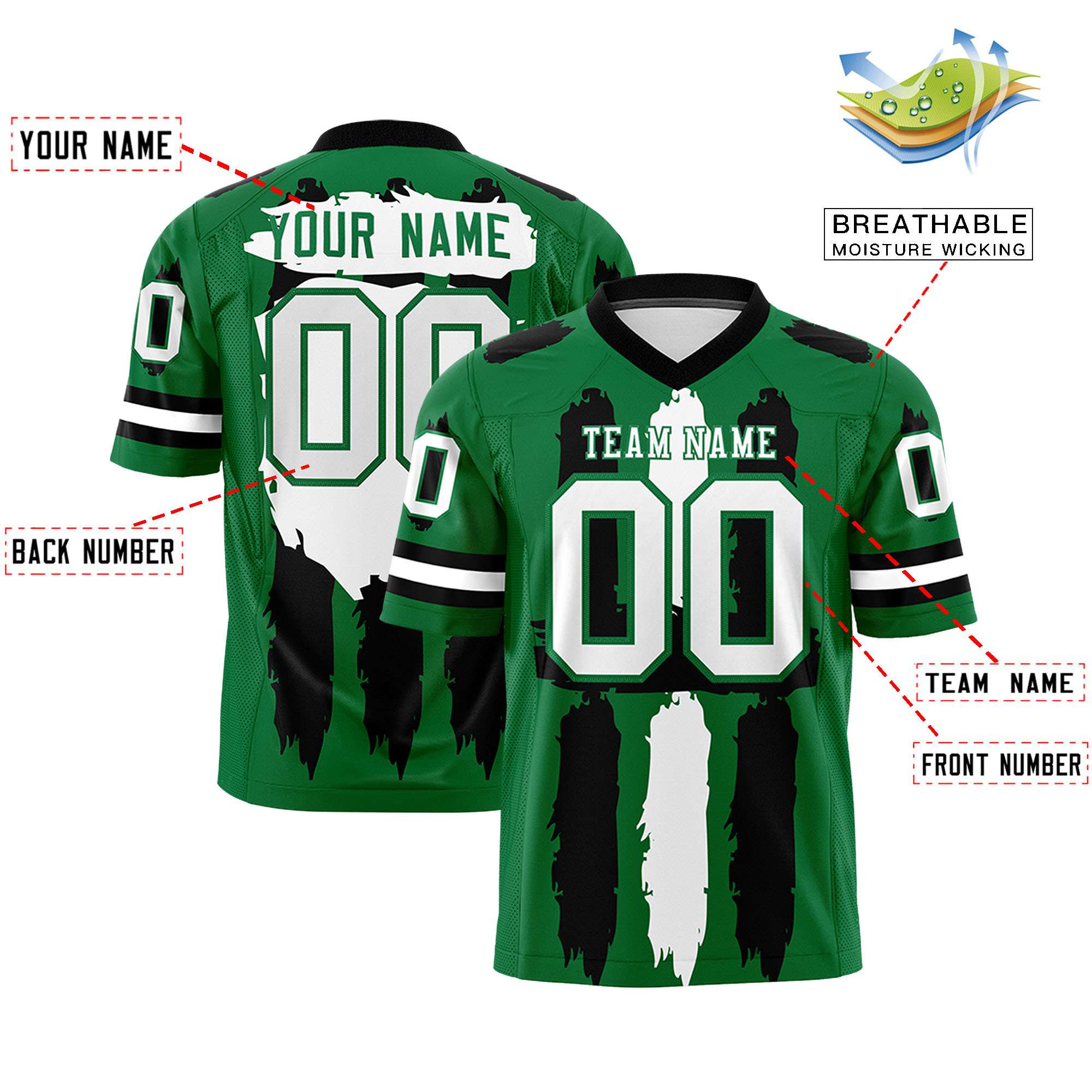 Custom Flag Football Jersey | Kelly Green Black and White Graffiti Pattern Practice 7on7 Uniforms | Add name, number & logo| KXKSHOP